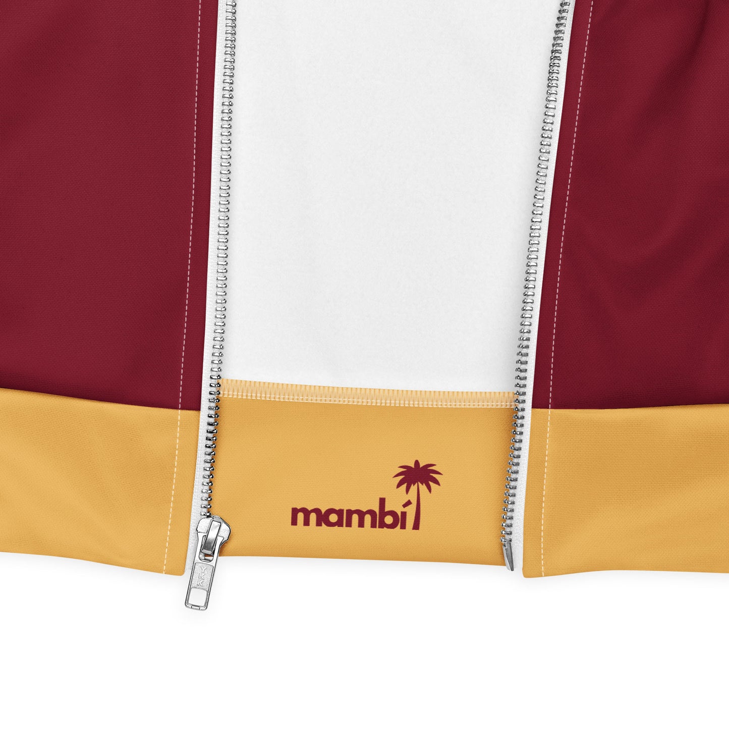 A close-up of a varsity bomber jacket featuring maroon, white, and yellow panels, with a partially unzipped silver zipper and the word mambi plus a palm tree logo printed in maroon on the yellow section.