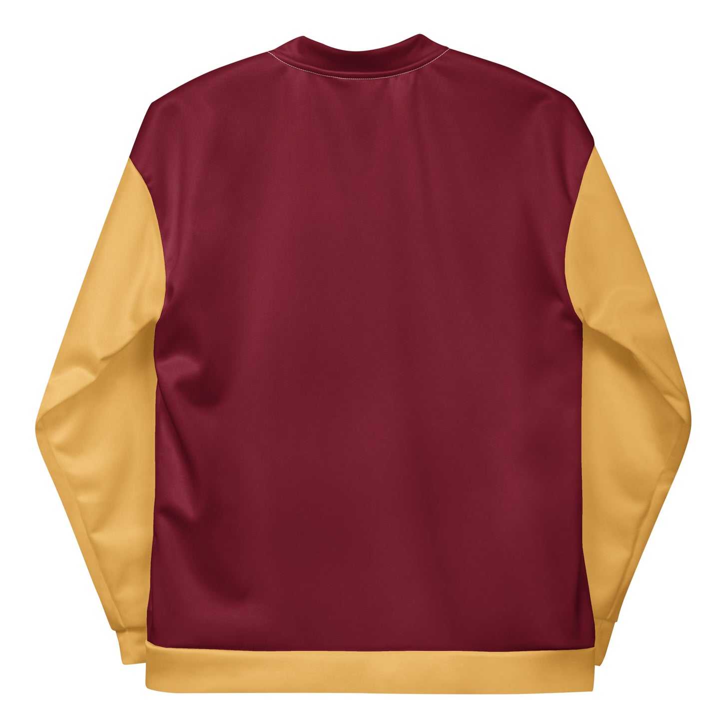 A varsity bomber jacket featuring premium stitching, with a solid maroon back, gold sleeves, and a gold waistband, shown laid flat with the back facing up.