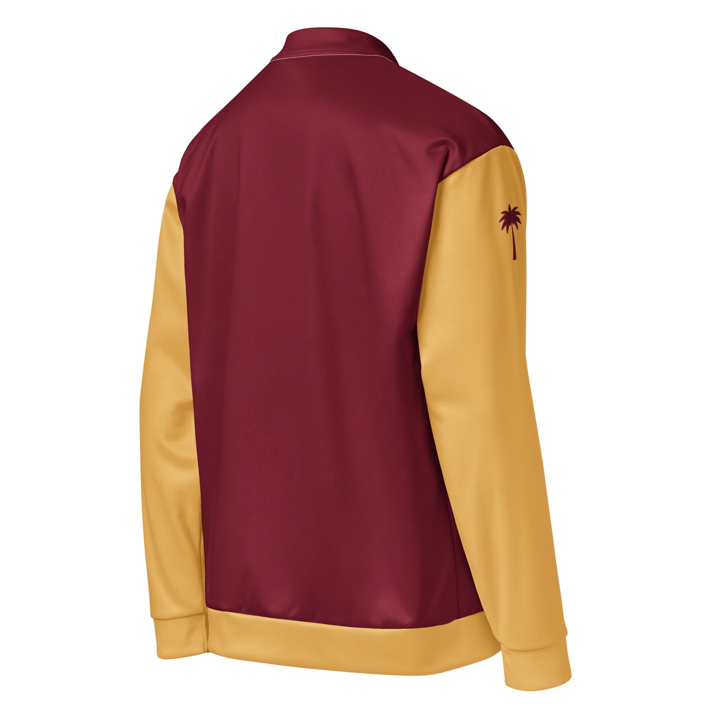 A maroon and gold varsity bomber jacket viewed from the back, featuring premium stitching on the maroon body and gold sleeves and hem. A small palm tree design is visible on the upper right sleeve.