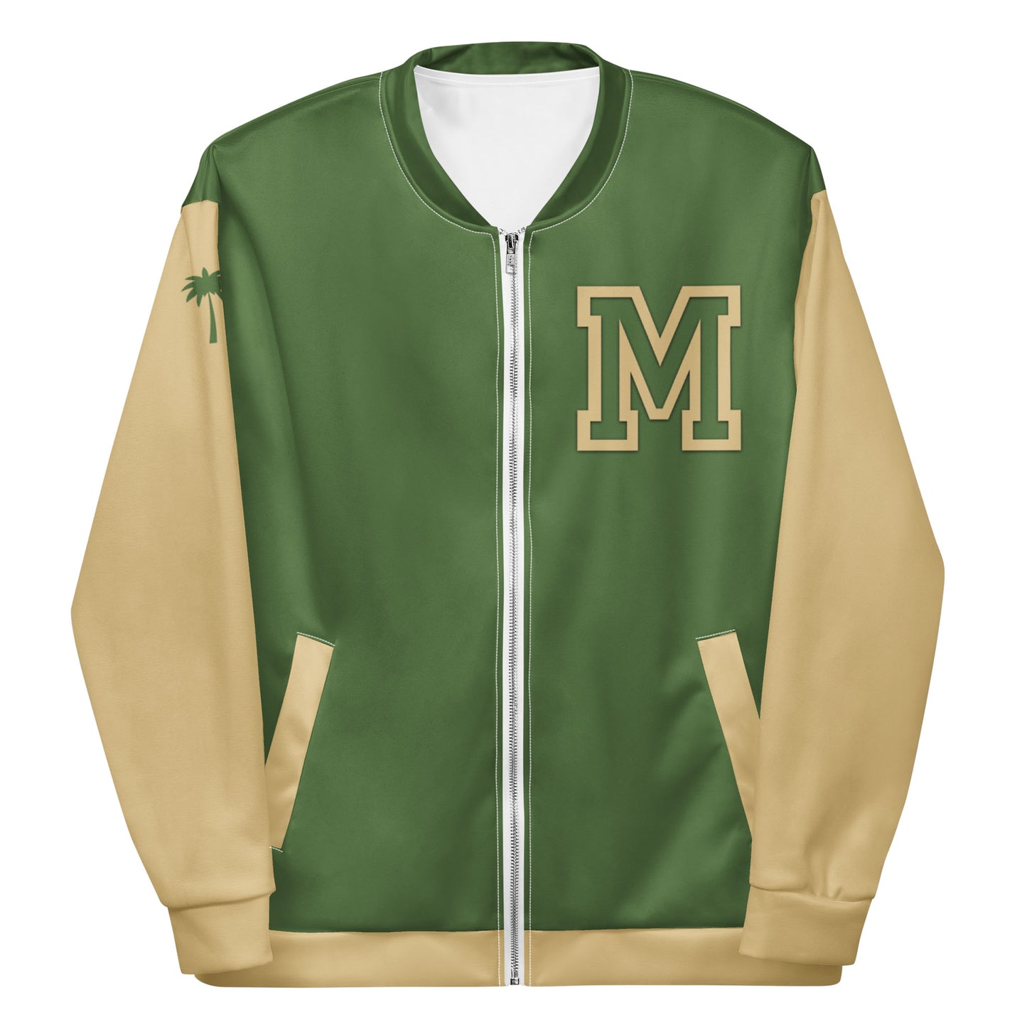 A Fern Green and New Orleans varsity bomber jacket with premium stitching, beige sleeves and pockets, green front and back, a large tan letter M on the left chest, and a small palm tree graphic on the right shoulder.