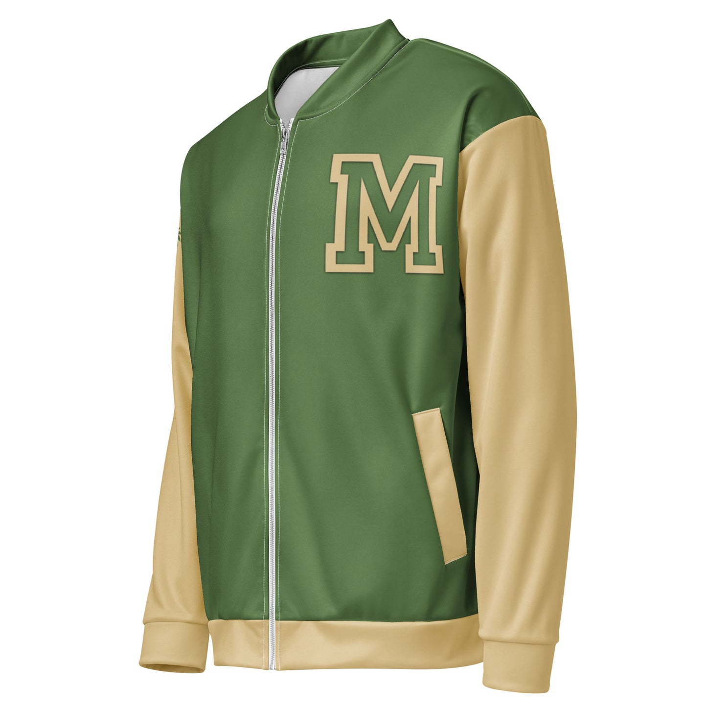 A green and beige varsity bomber jacket with beige sleeves, pockets, and trim. This letterman jacket features a large beige letter M on the left chest, premium stitching, and a sleek silver front zipper.
