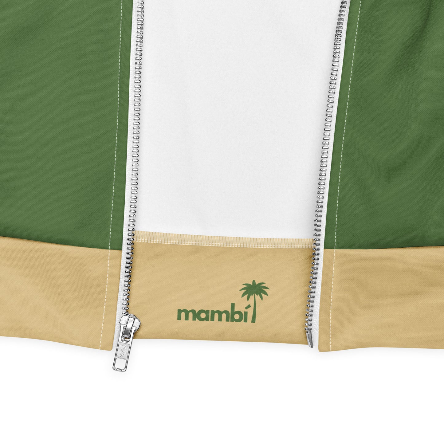 Close-up of a varsity bomber jacket with green, white, and tan color blocks. A partially unzipped silver zipper is visible, and mambi with a palm tree logo is printed on the tan section, showcasing premium stitching.