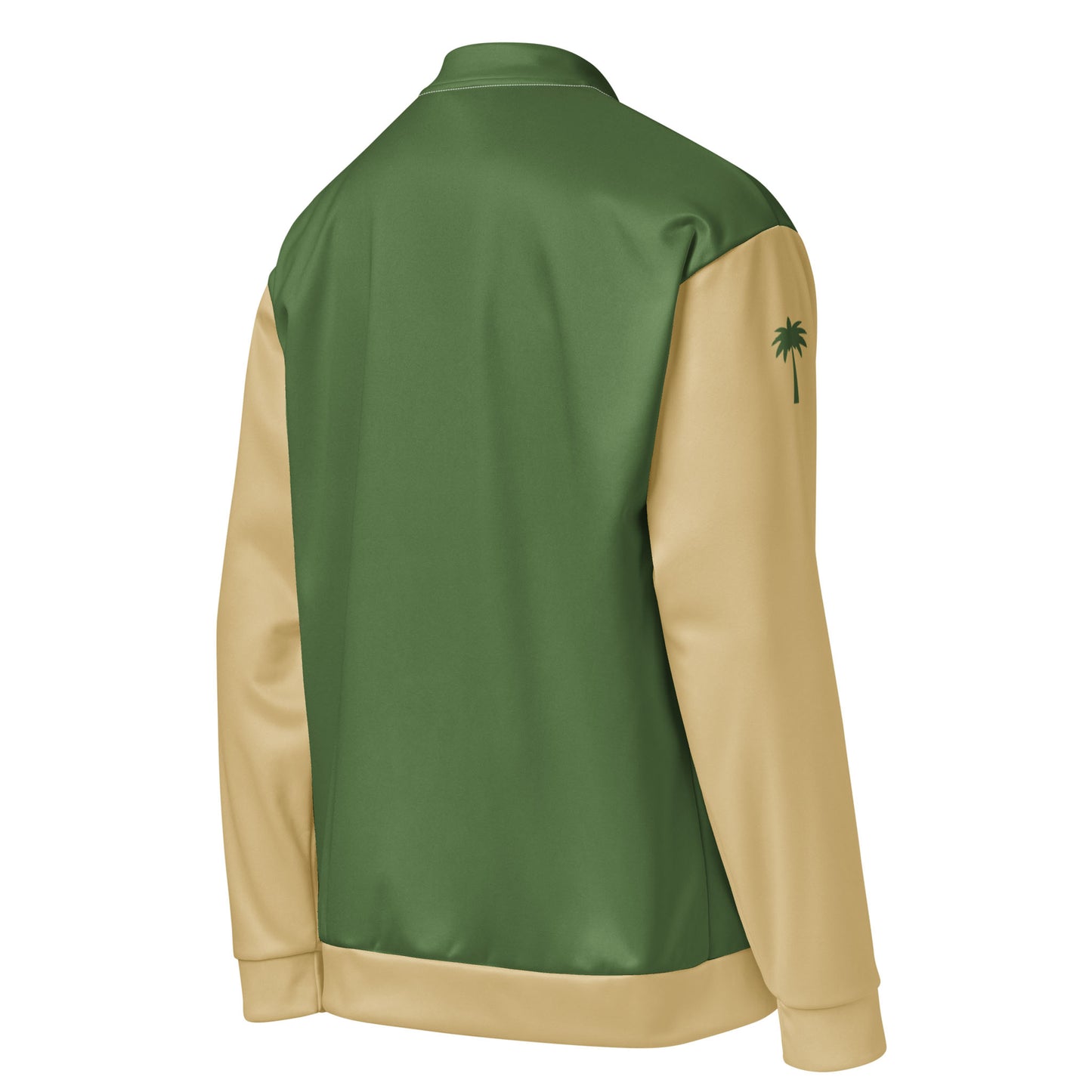 A two-tone varsity bomber jacket with a green back and beige sleeves, featuring premium stitching and a small palm tree graphic on the left sleeve. The beige collar, cuffs, and waistband complete the look. The jacket is displayed from the back.