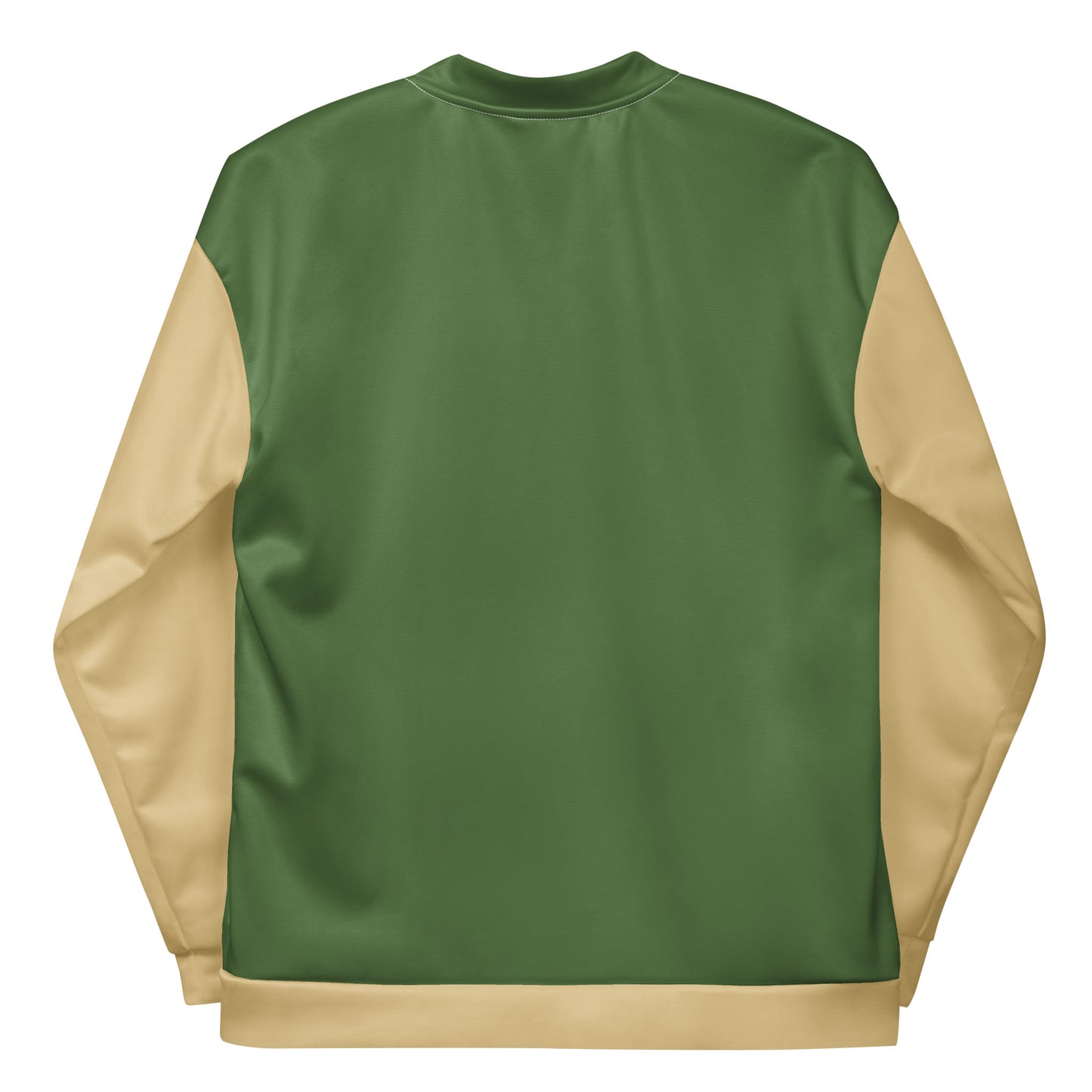 A long-sleeve sweatshirt shown from the back, featuring a solid green body with beige sleeves, collar, and waistband—styled like a varsity bomber jacket with premium stitching for added durability.