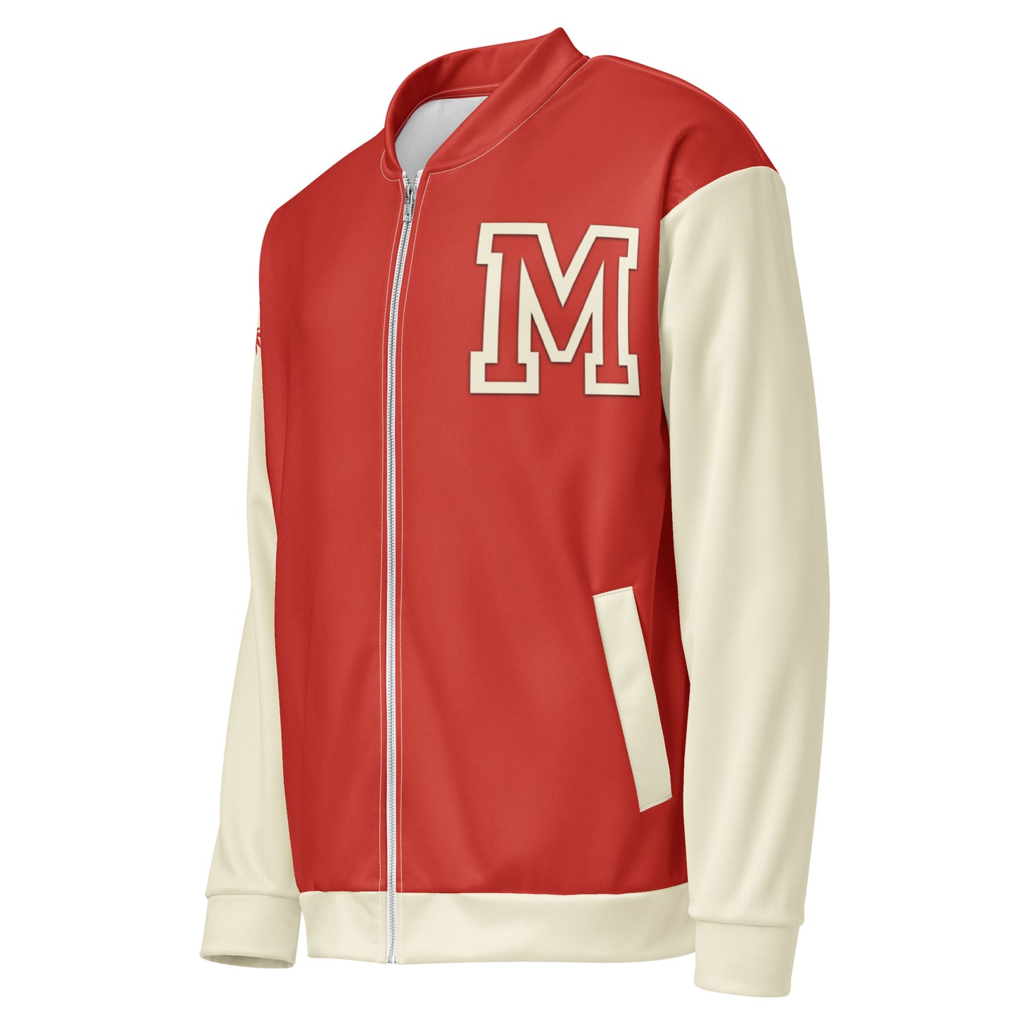 A red and cream varsity bomber jacket featuring premium stitching and a large white M outlined in red on the left chest. Cream sleeves, pockets, and waistband contrast with the red front and back. Finished with a sleek front zipper.