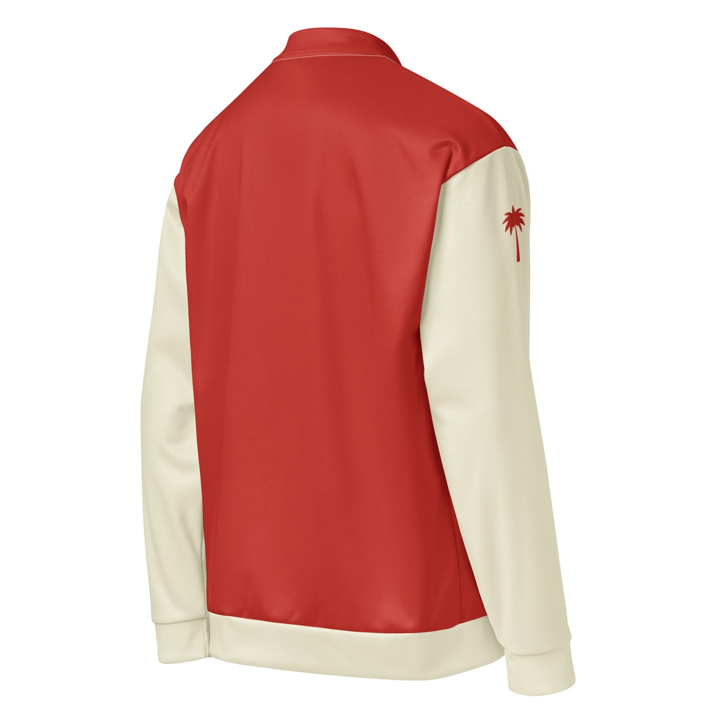 A red and cream-colored varsity bomber jacket shown from the back. The body is red, the sleeves are cream, and there is a small red palm tree graphic on the upper left sleeve, finished with premium stitching.