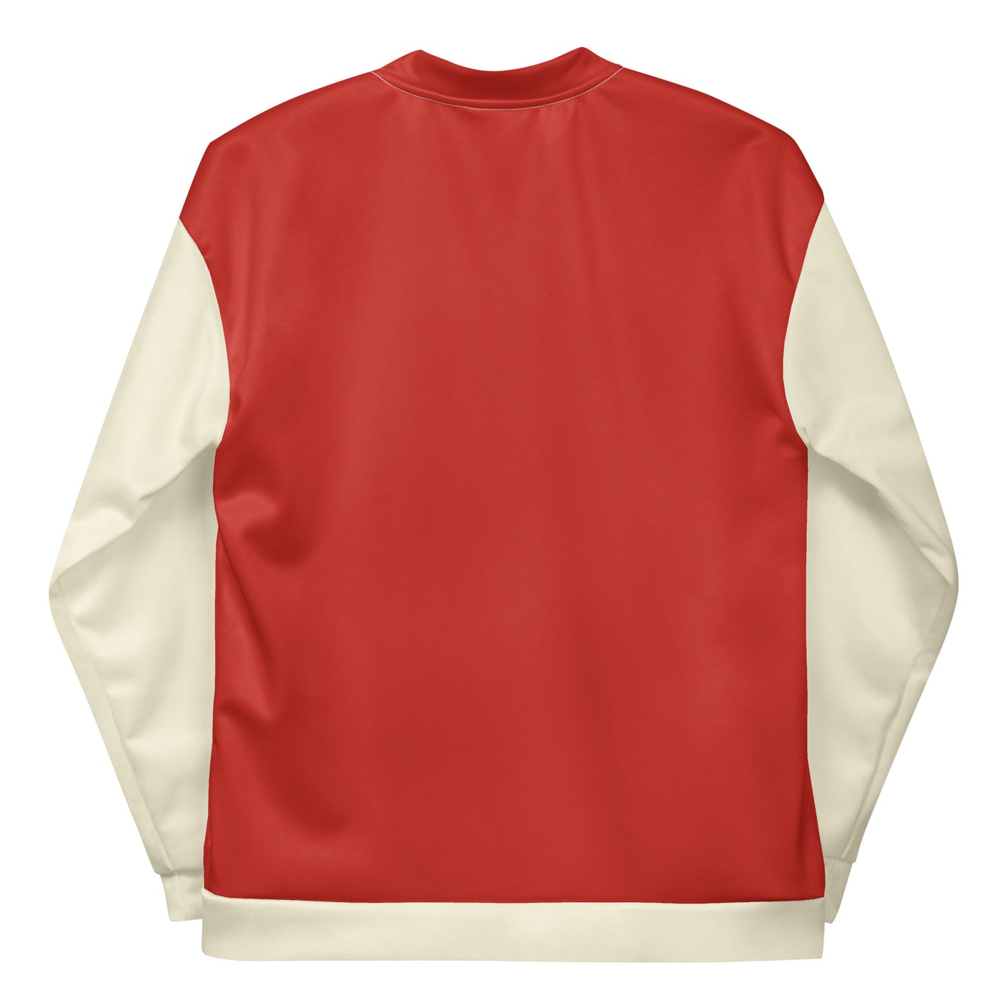 A varsity bomber jacket shown from the back, featuring a solid red body with cream-colored sleeves, collar, and waistband, finished with premium stitching for a classic look.