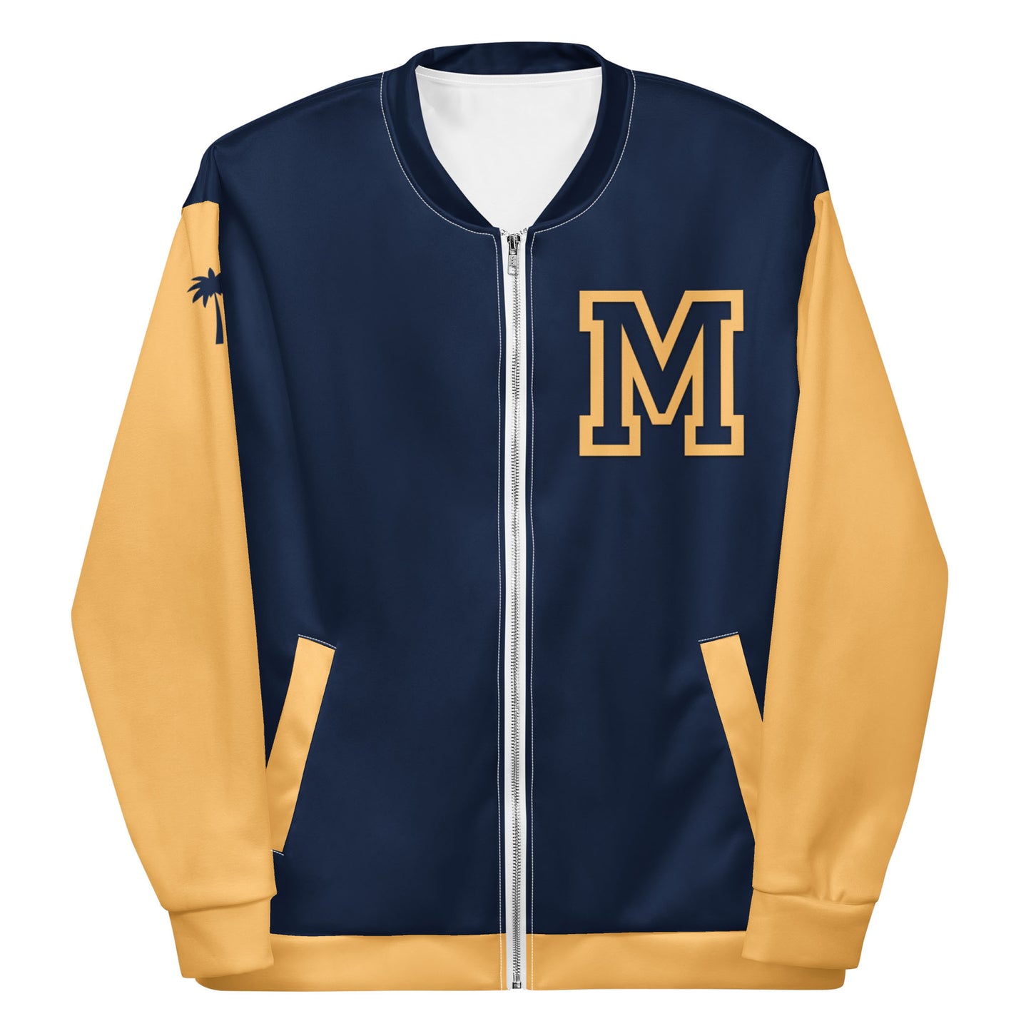 A varsity bomber jacket in navy and chardonnay, featuring premium stitching, a large gold letter M on the left chest, chardonnay sleeves and pockets, a small black palm tree on the right shoulder, and a white zipper and collar.