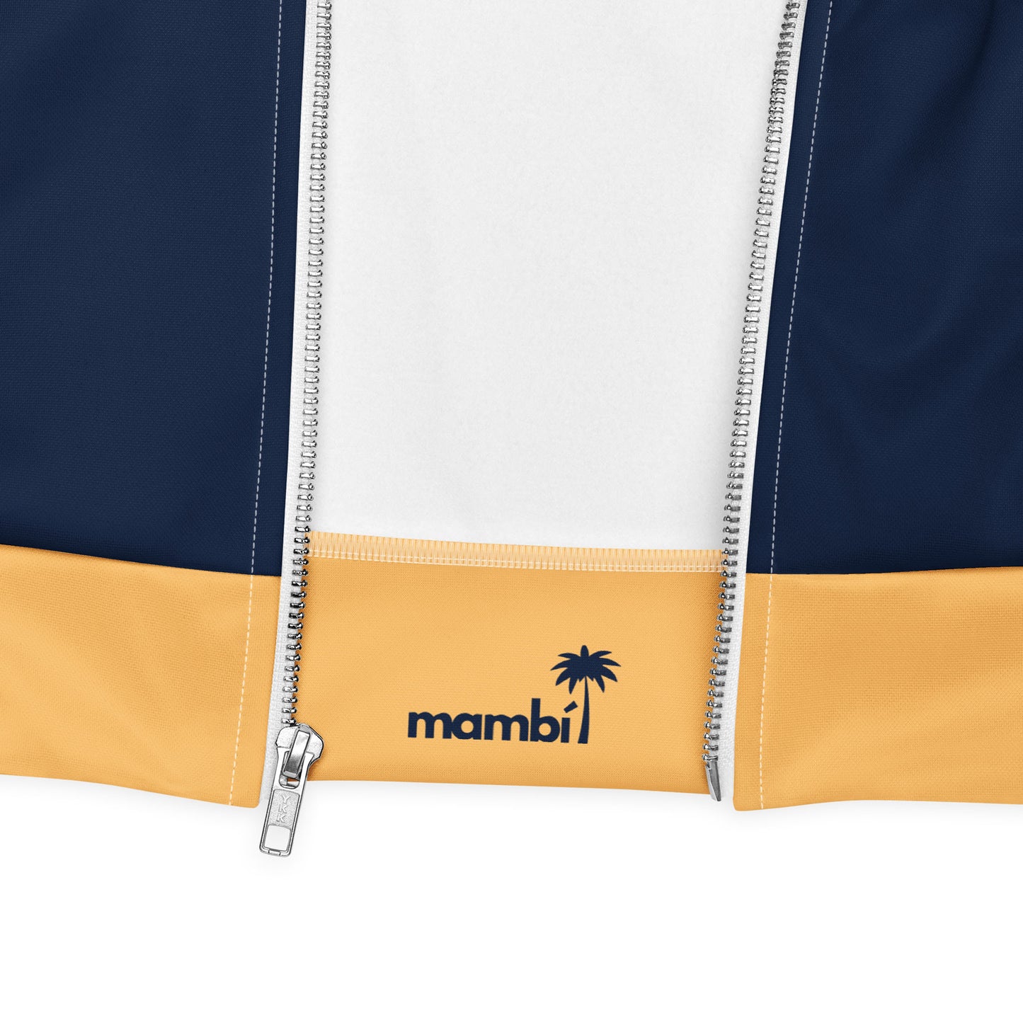A close-up of a varsity bomber jacket with navy blue, white, and yellow colors, premium stitching, silver zippers, and the brand name mambi with a palm tree logo printed near the bottom.