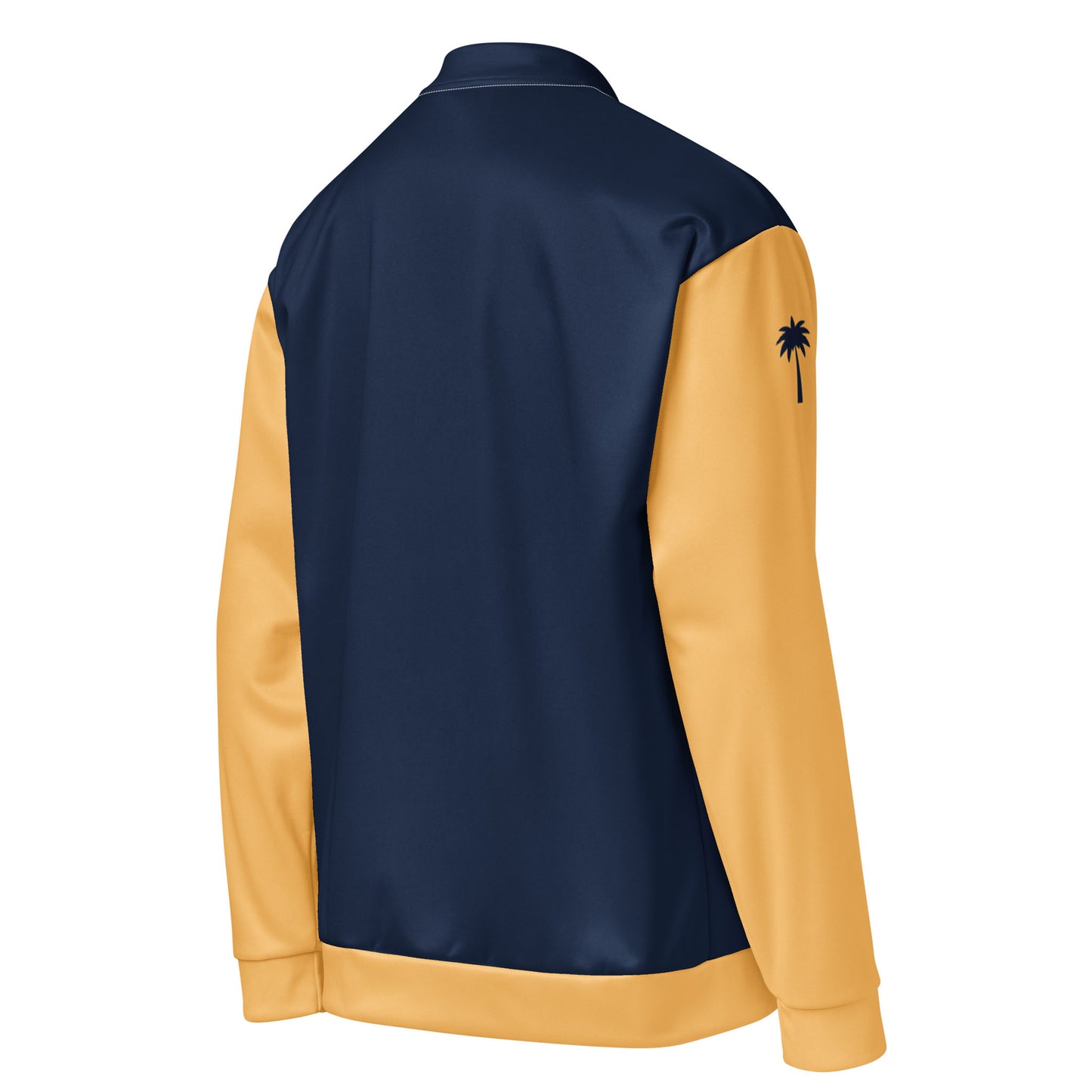 A varsity bomber jacket with a navy blue back and body, light yellow sleeves, premium stitching, and a small black palm tree design on the upper left sleeve, shown from the back.