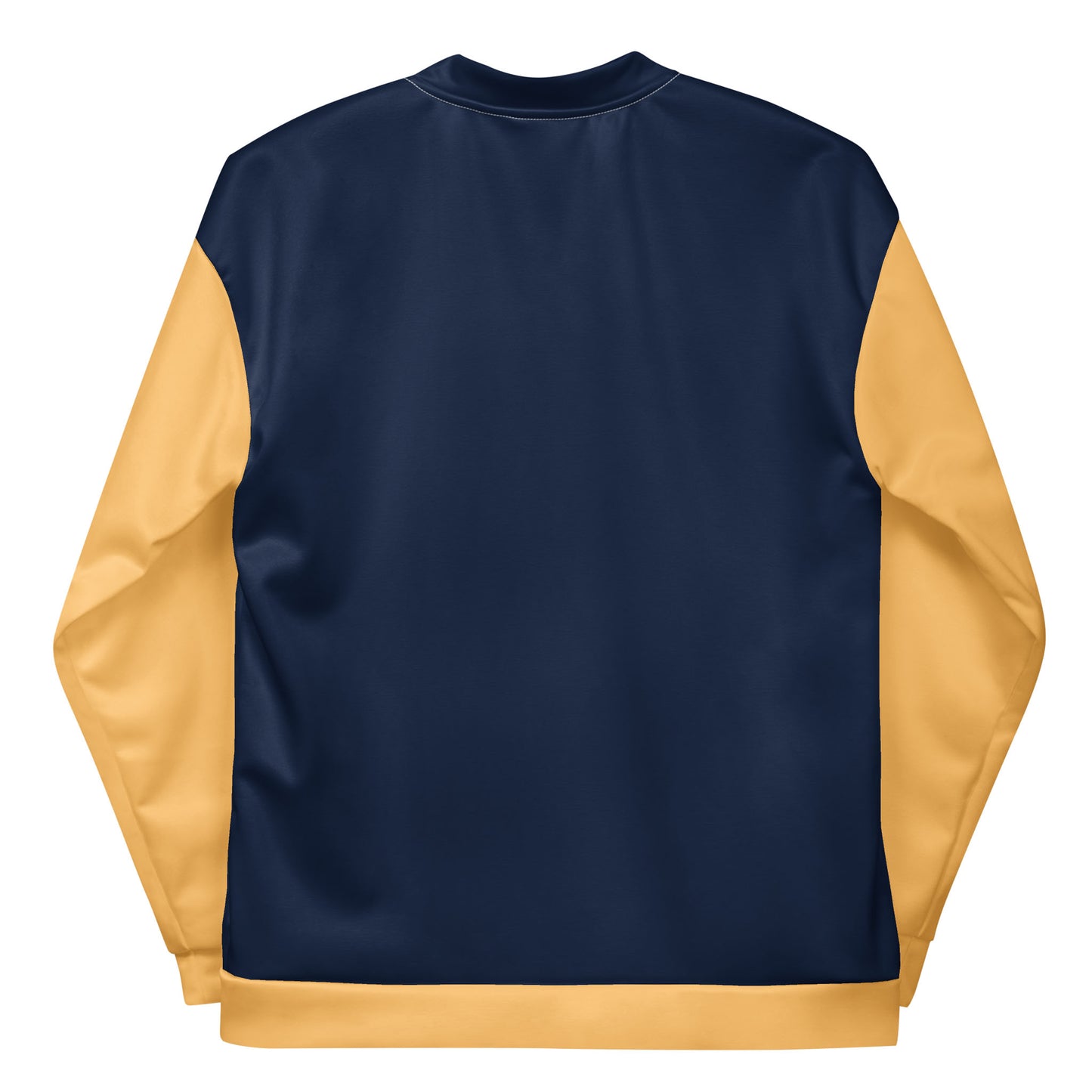 A varsity bomber jacket-inspired sweatshirt with a navy blue back and body, yellow sleeves, and yellow trim at the waist and cuffs, shown from the back.