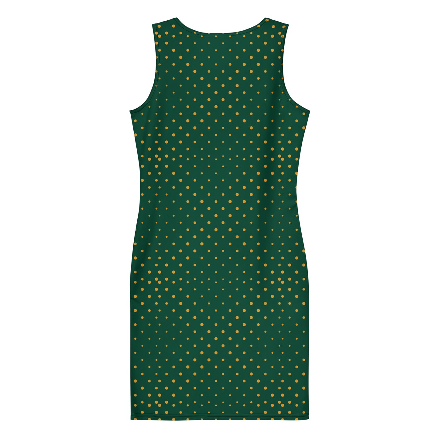 Sleeveless, fitted four-way stretch dress with a dark green background and an all-over pattern of small gold polka dots. This knee-length printed fitted dress is shown from the back.