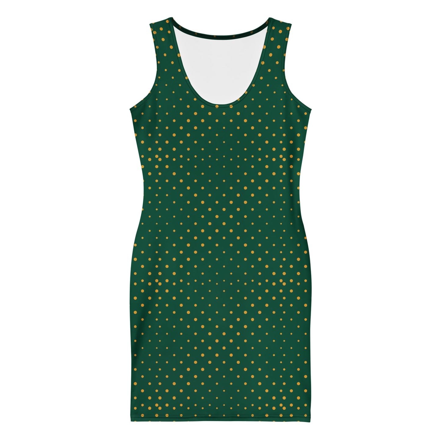 Sleeveless, fitted dress with a scoop neckline, crafted from soft microfiber yarn and featuring a dark green background with an all-over pattern of small, evenly spaced gold polka dots.