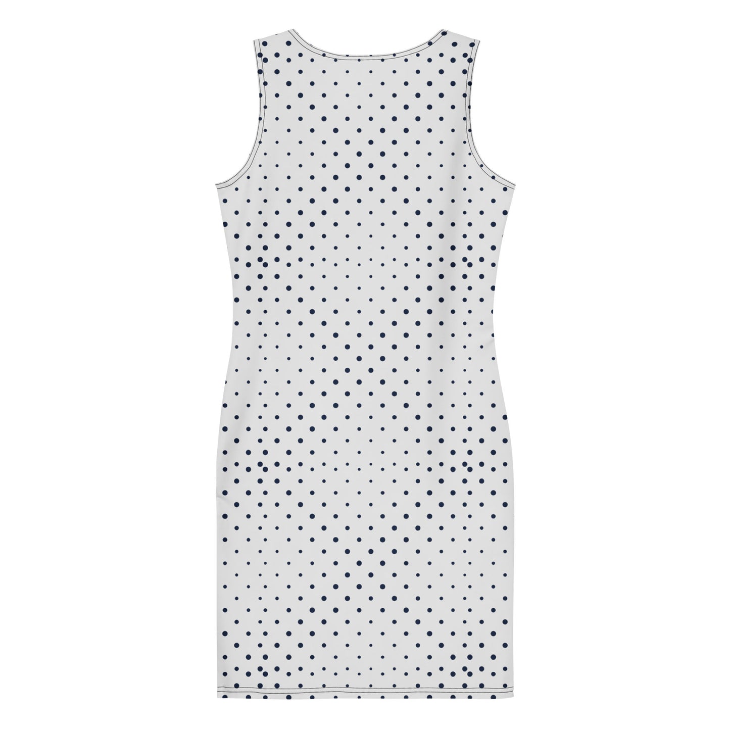 A sleeveless, knee-length white fitted dress with an all-over printed pattern of evenly spaced small black polka dots. The dress is shown flat from the back.