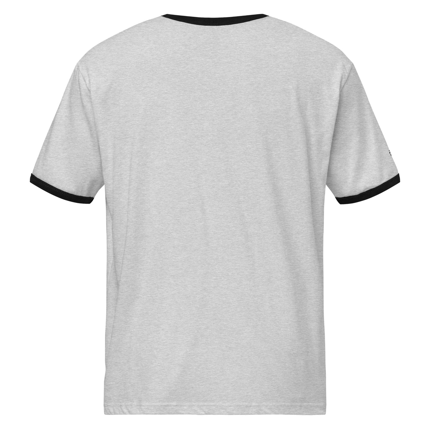 A plain light gray lightweight cotton tee viewed from the back, featuring black trim on the collar and sleeve edges for a subtle retro look.