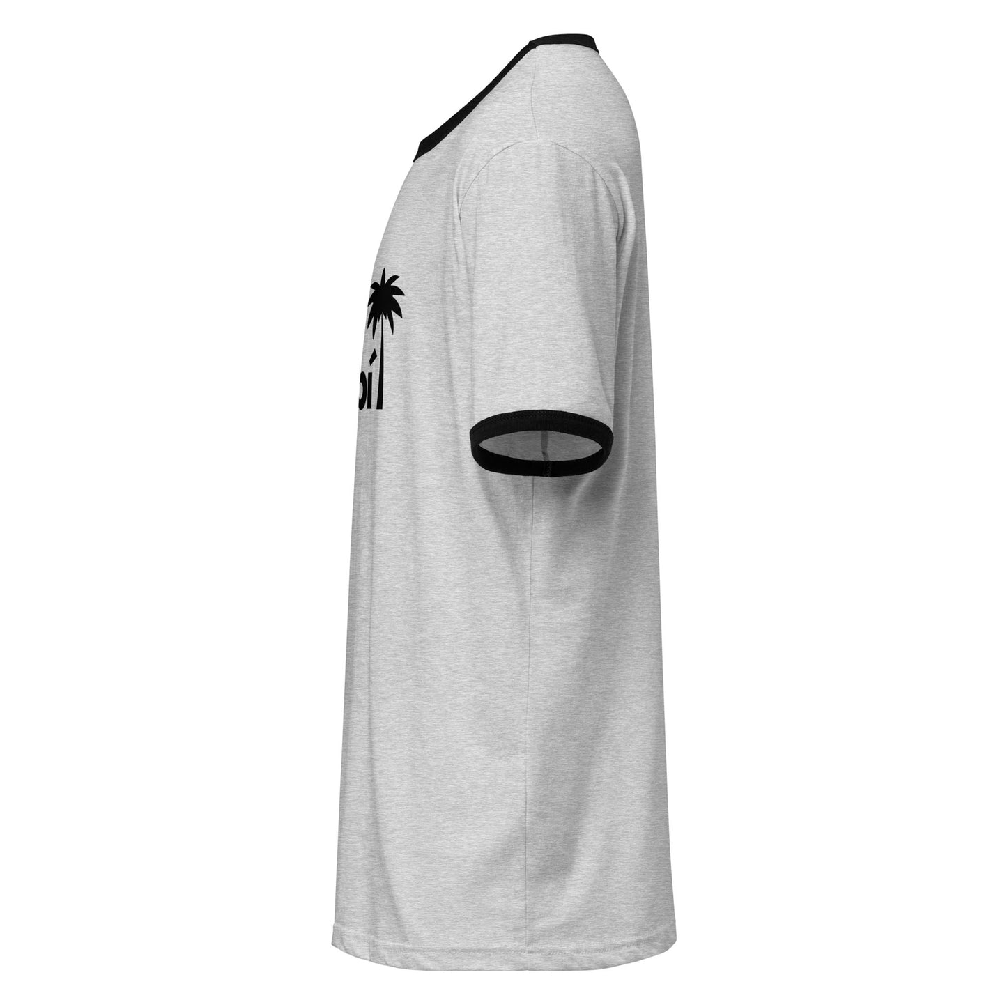 Side view of a relaxed fit, light gray short-sleeve T-shirt with black trim on the collar and sleeve. A touch of palm tree graphic and text appear on the front. Lightweight cotton tee photographed against a white background.