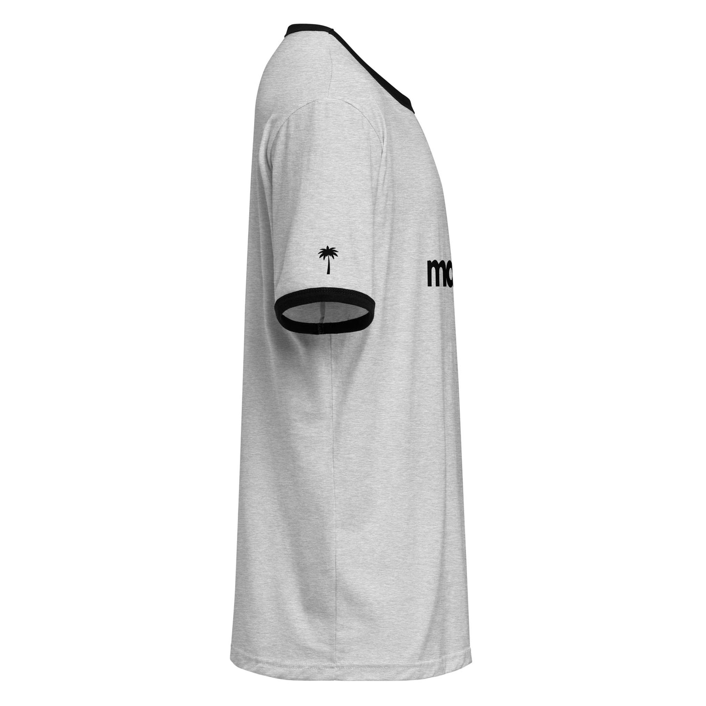 Side view of a light gray lightweight cotton tee with black collar and sleeve trim for a retro look. The sleeve features a small black palm tree graphic, and partial black text is visible on the front.