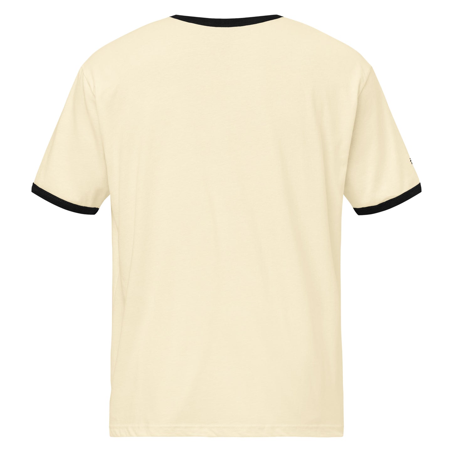 A plain, short-sleeved beige t-shirt with black trim on the collar and sleeve cuffs, shown from the back against a white background, offers a relaxed fit and retro look in a lightweight cotton tee.