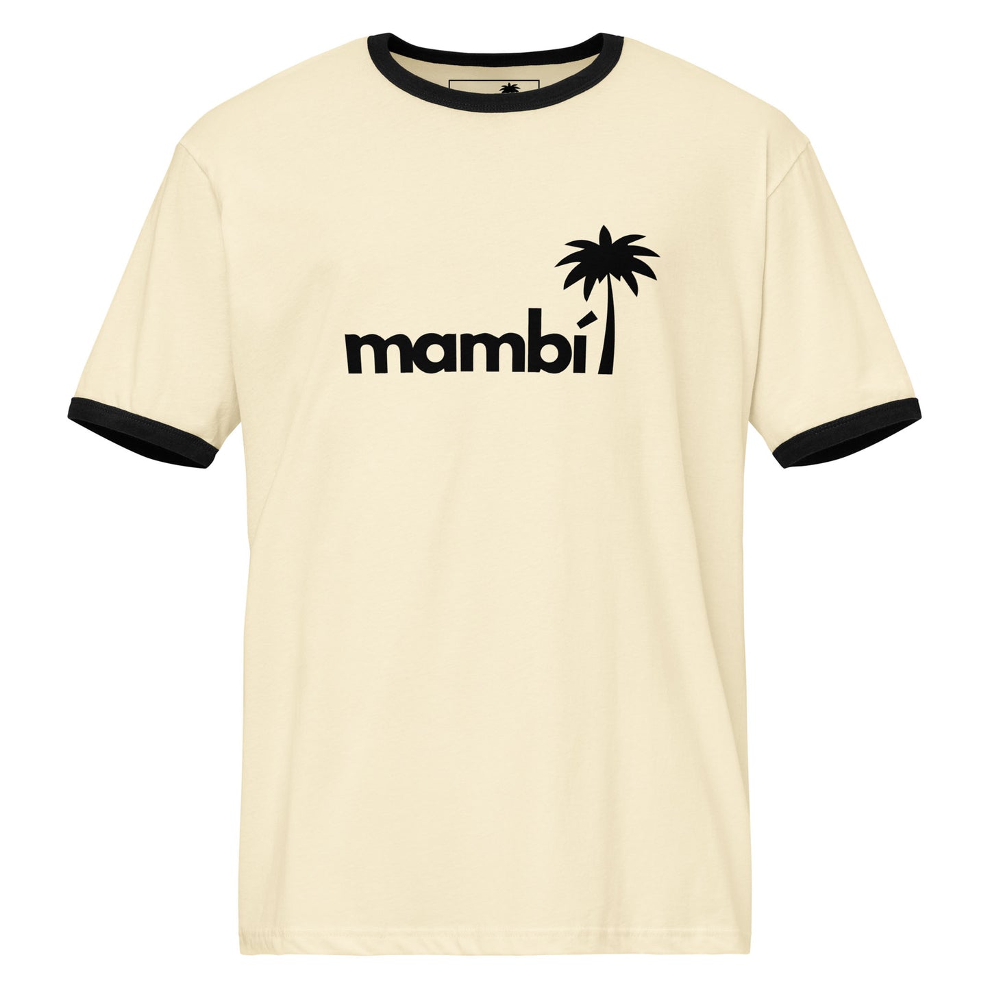 A relaxed fit natural/black cotton tee with black trim, mambi in lowercase and a retro palm tree graphic above the i printed on the front.
