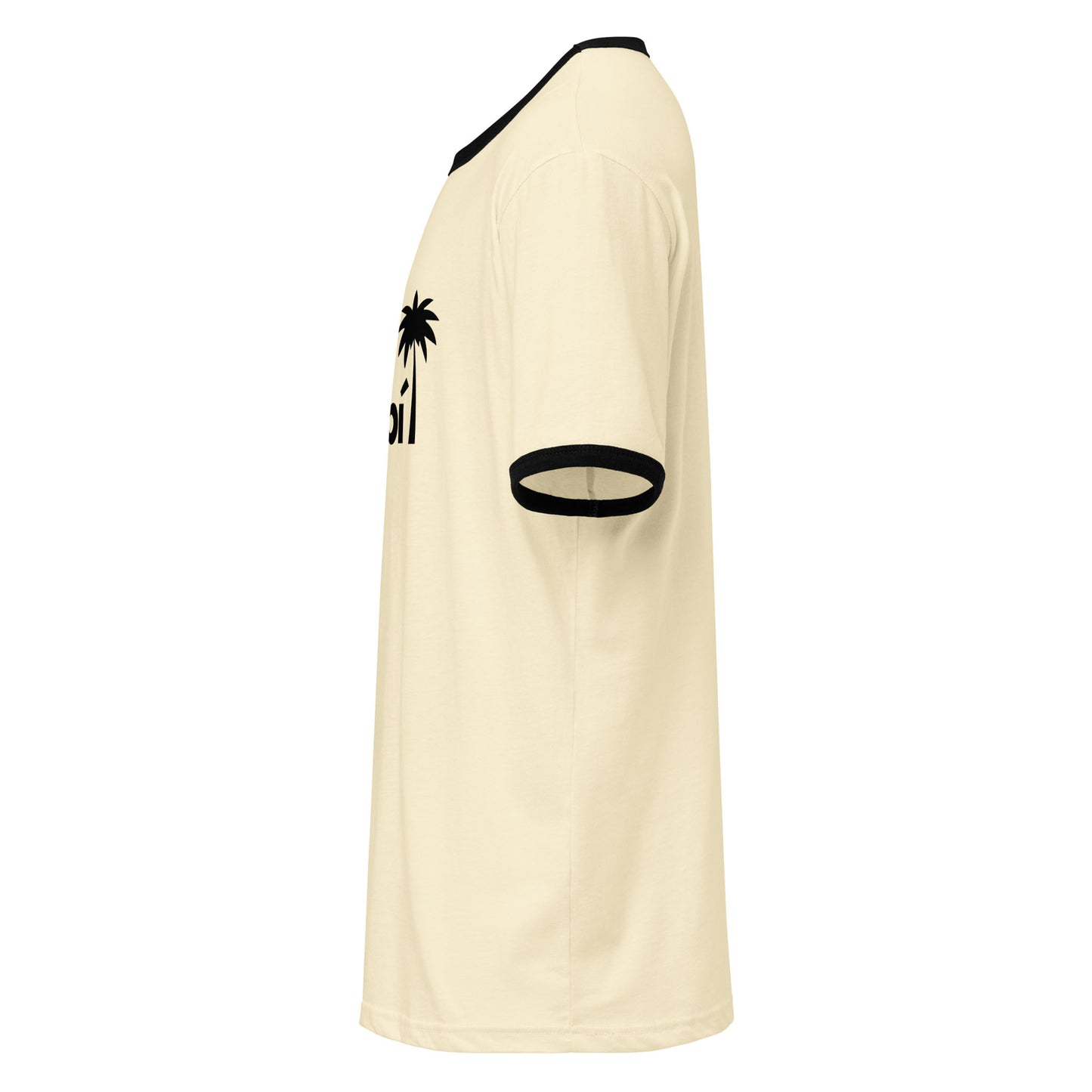 Side view of a short-sleeve, light beige lightweight cotton tee with black trim on the collar and sleeves. Part of a black palm tree graphic and partial text are visible on the chest, giving it a subtle retro look.