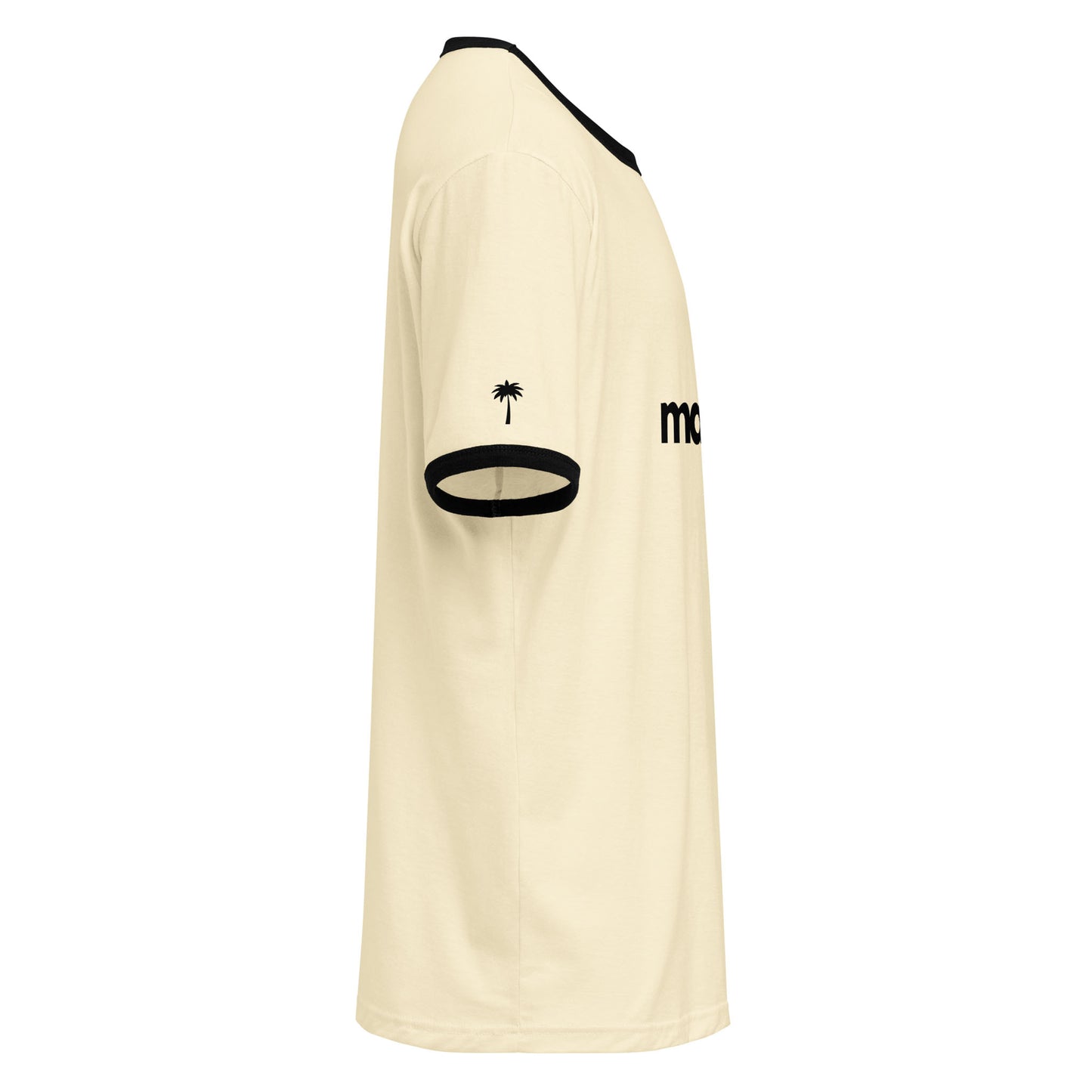 Side view of a beige, relaxed fit short-sleeve t-shirt with black trim on the collar and cuffs, a small black palm tree graphic on the left sleeve, and partial black text on the front for a subtle retro look.