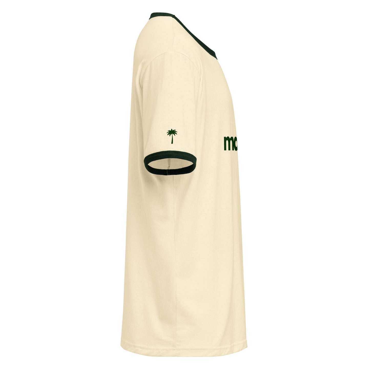 Cream-colored retro t-shirt shown from the side, made from lightweight cotton tee fabric, with a dark green collar, matching sleeve trim, a small palm tree graphic on the sleeve, and partial green text visible on the chest.