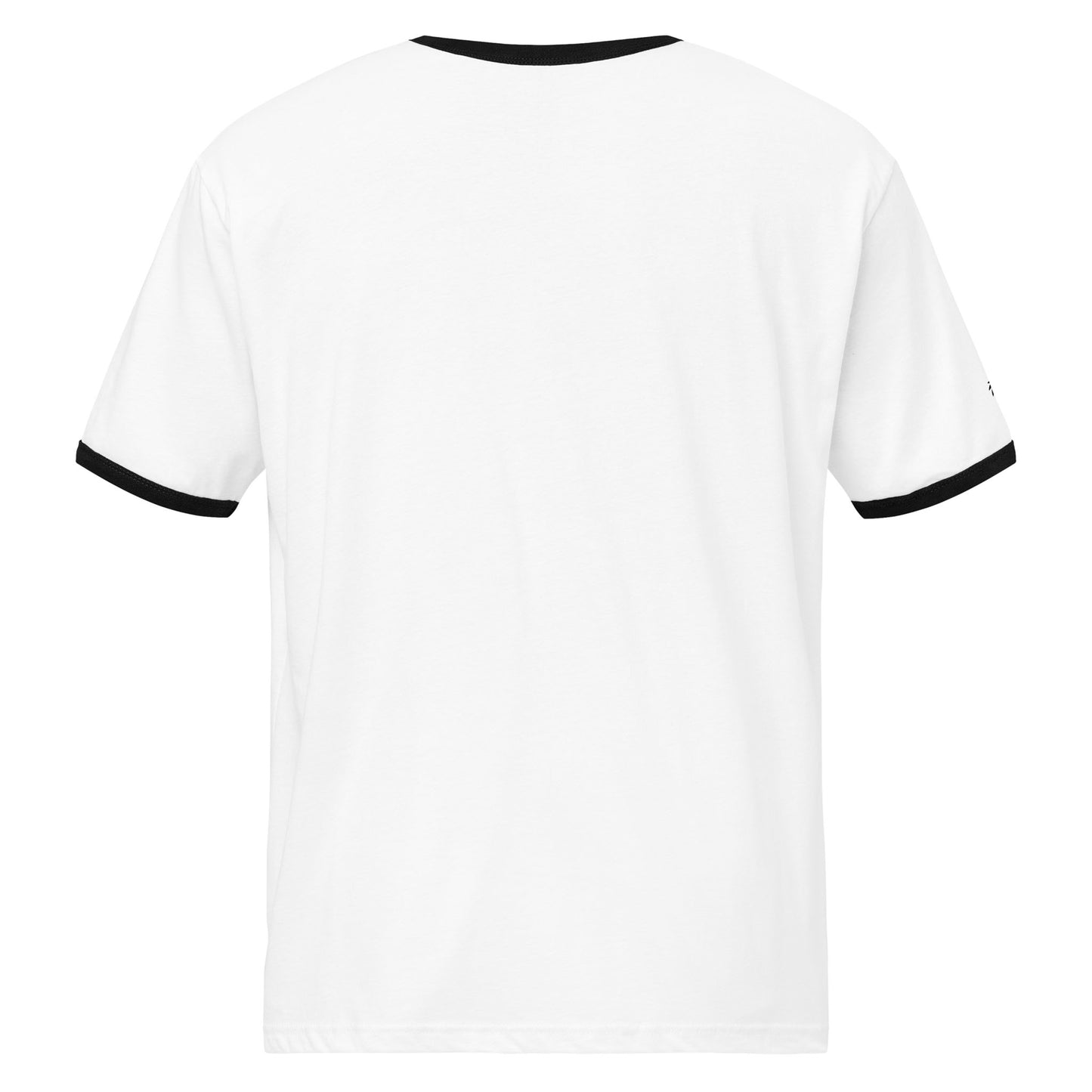 A relaxed fit, plain white short-sleeve t-shirt viewed from the back, featuring black trim on the collar and sleeve cuffs for a subtle retro look.