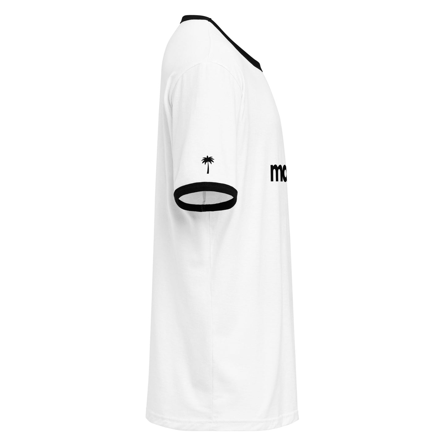 Side view of a white short-sleeve t-shirt with black trim on the collar and sleeve cuffs. This retro look features a small black palm tree graphic on the left sleeve and partial black text on the chest.
