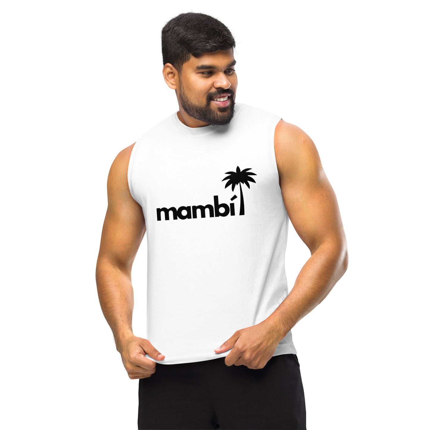 A man with a beard wears a relaxed fit sleeveless white tank featuring the word mambi and a palm tree graphic, standing against a plain white background and smiling while looking to the side.