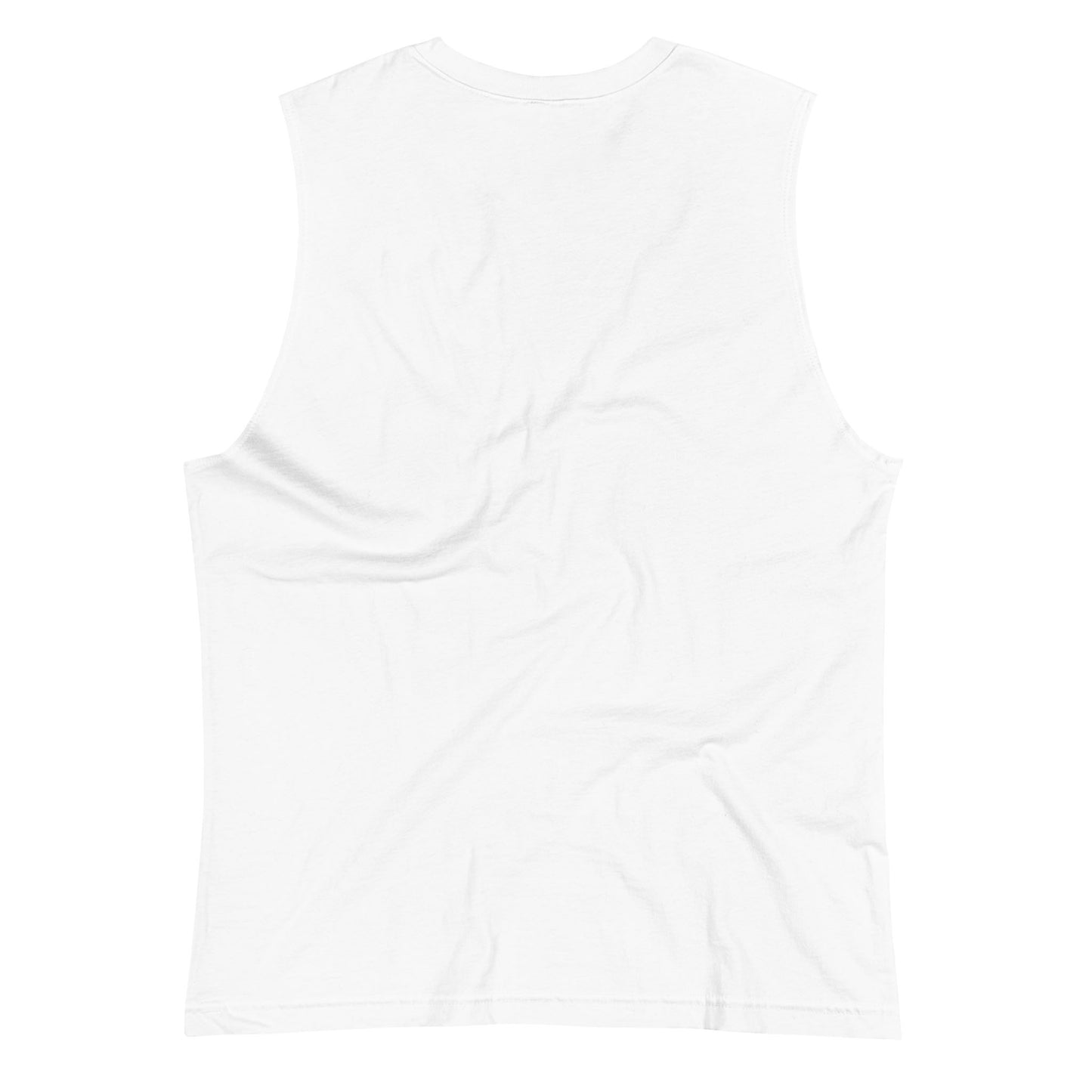 The image shows the back view of a plain white sleeveless tank top with a relaxed fit, ideal for a yoga class. The fabric appears soft, with slight wrinkles visible against the white background.