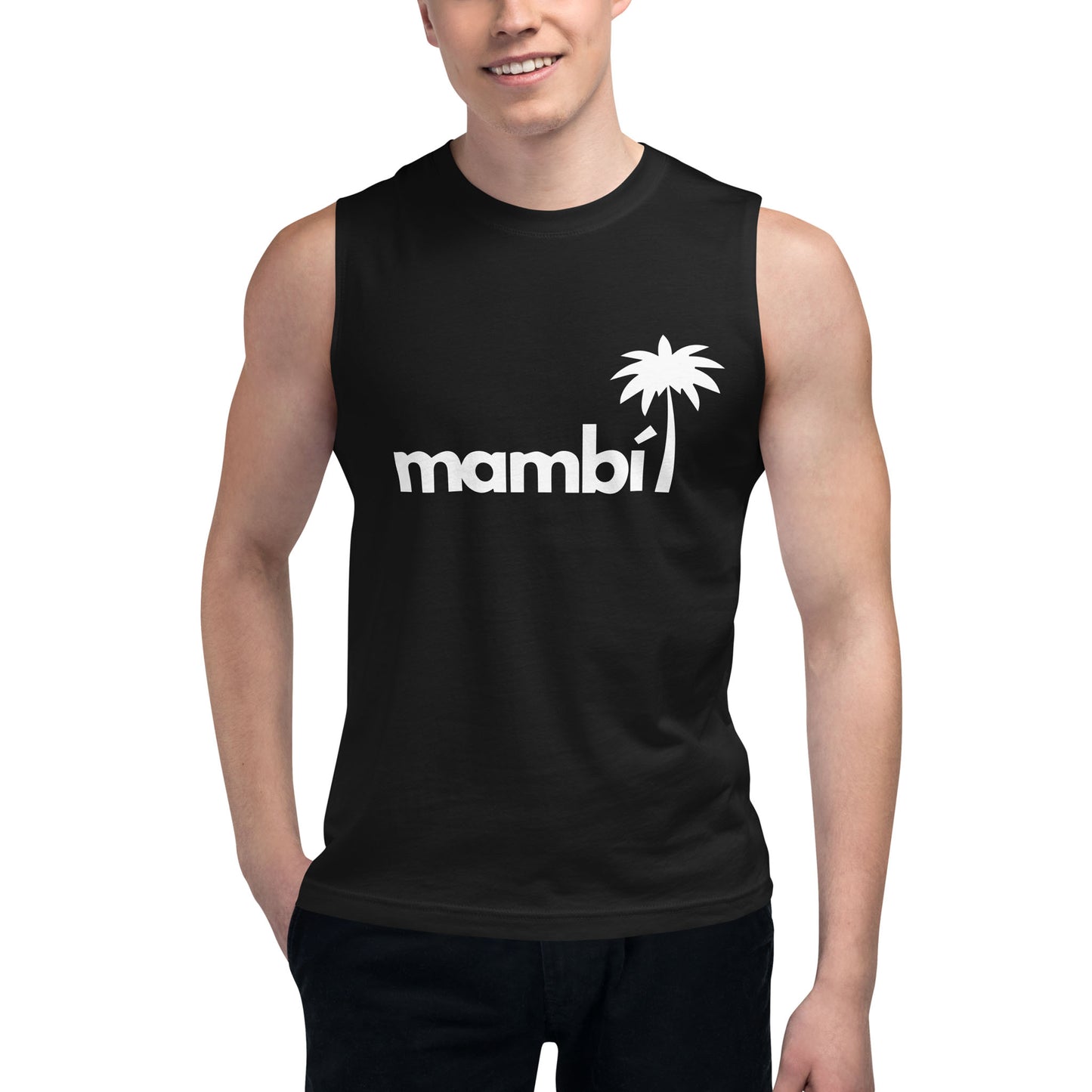 A smiling man wears a black sleeveless tank with the word mambí and a white palm tree graphic printed on the front, perfect for activewear.