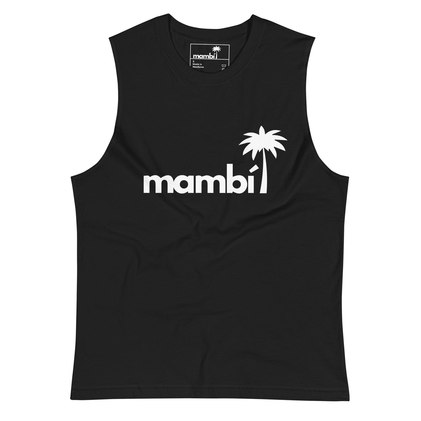 A sleeveless tank in black with the word mambí in white lowercase letters across the chest, featuring a white palm tree graphic as the accent over the i—perfect activewear for a modern, laid-back look.