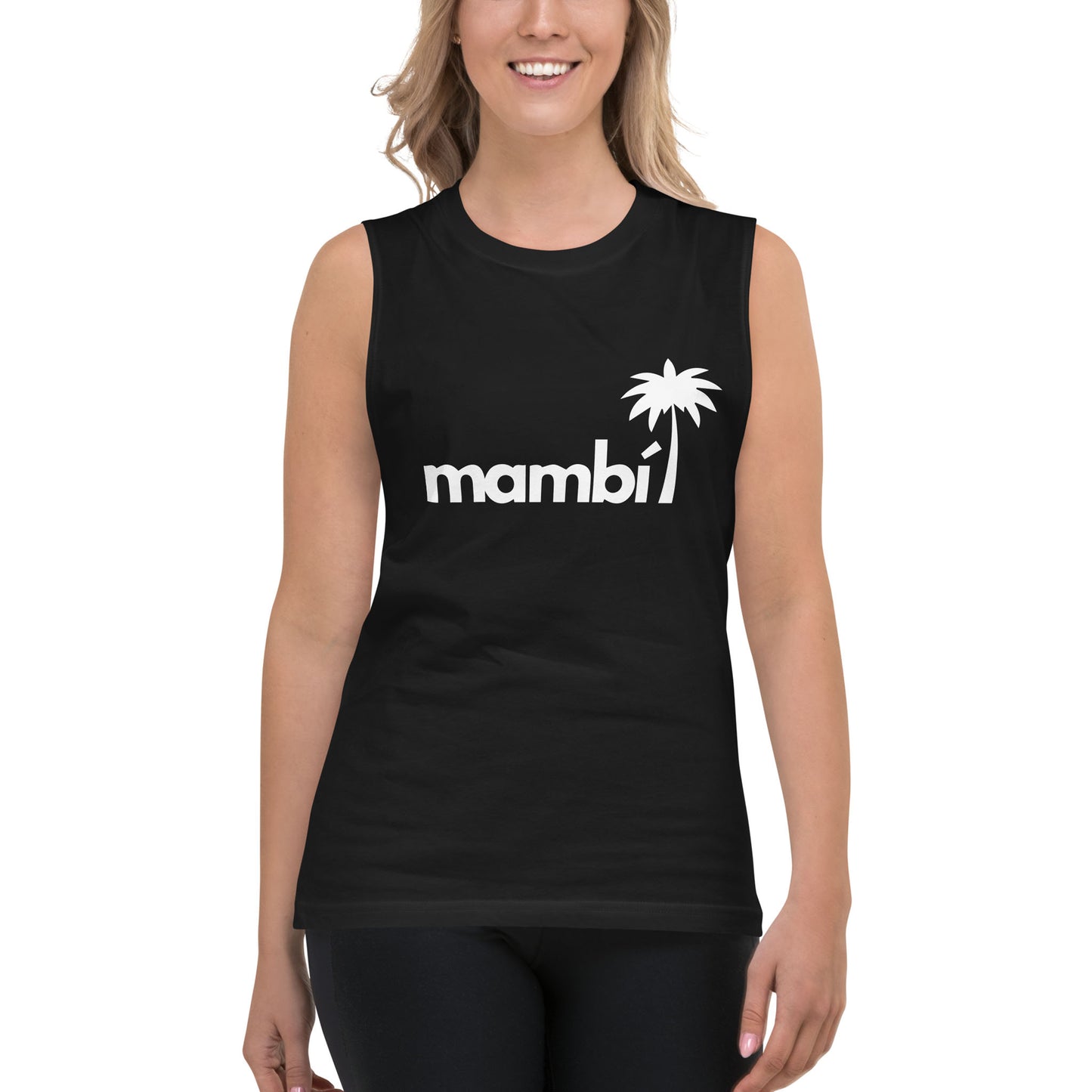 A woman wearing a black sleeveless tank with the word mambi and a white palm tree graphic on the front, standing and smiling.