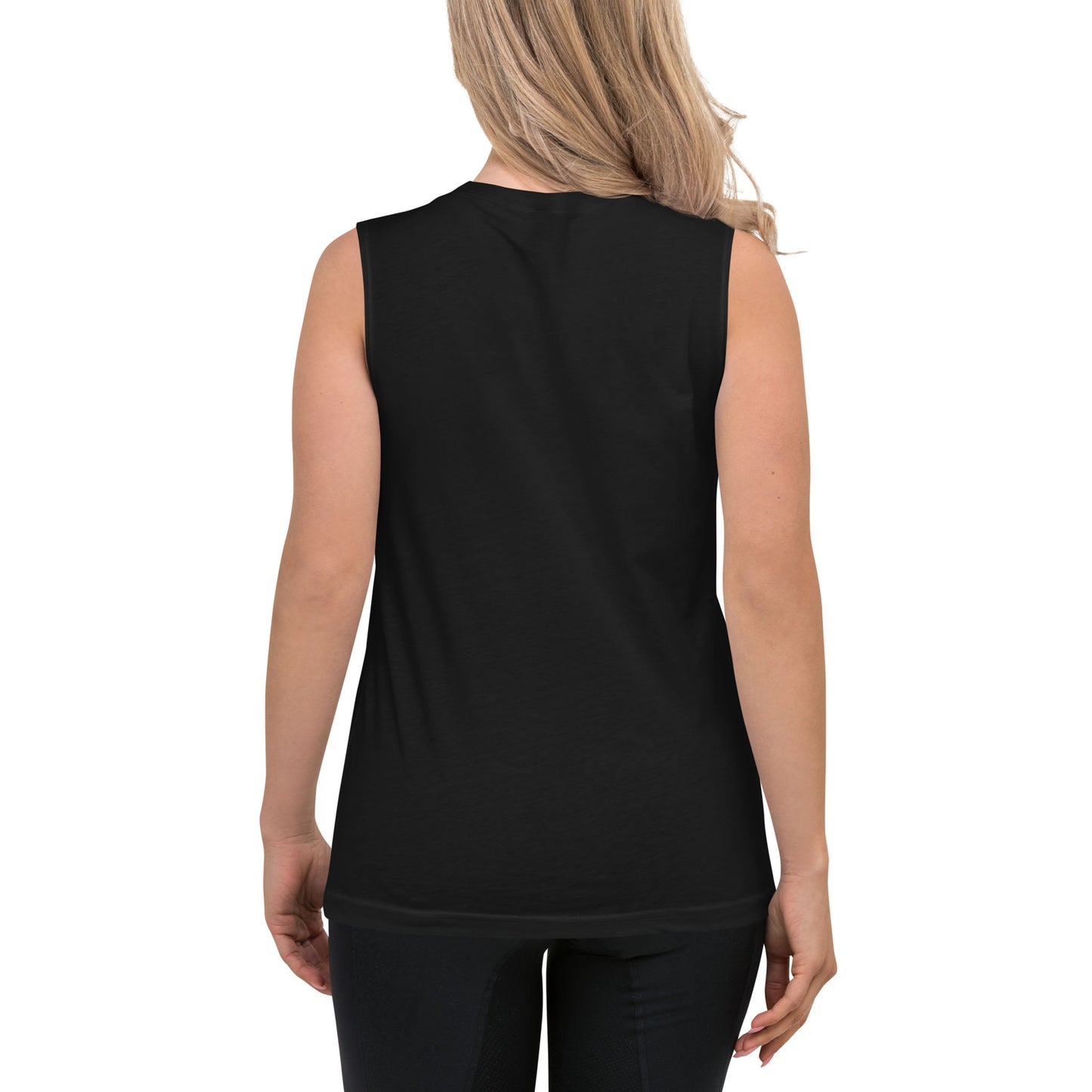 A woman with blonde hair, dressed in a black sleeveless tank and dark pants, is shown from the back as she stands against a white background.