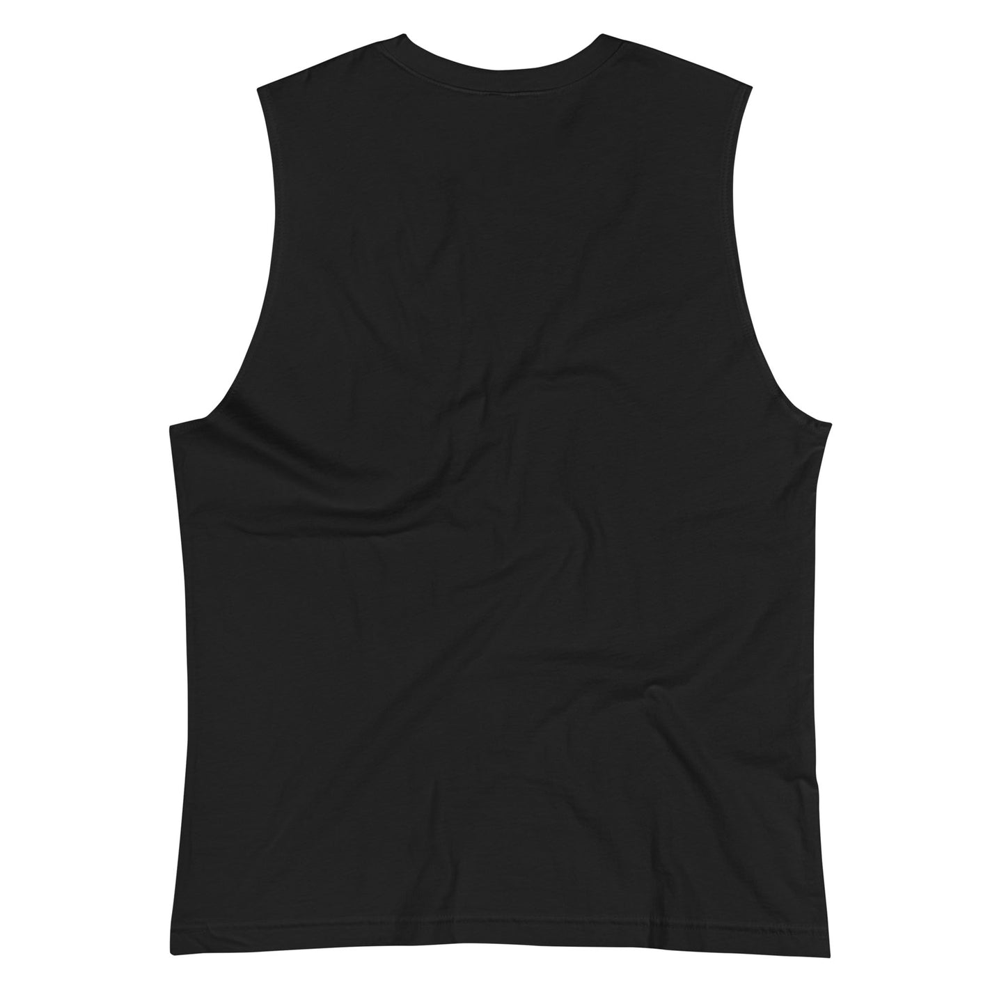 Sleeveless black muscle shirt shown from the back, laid flat on a white background. This soft activewear piece has slight fabric wrinkles and features no visible logos, patterns, or designs.