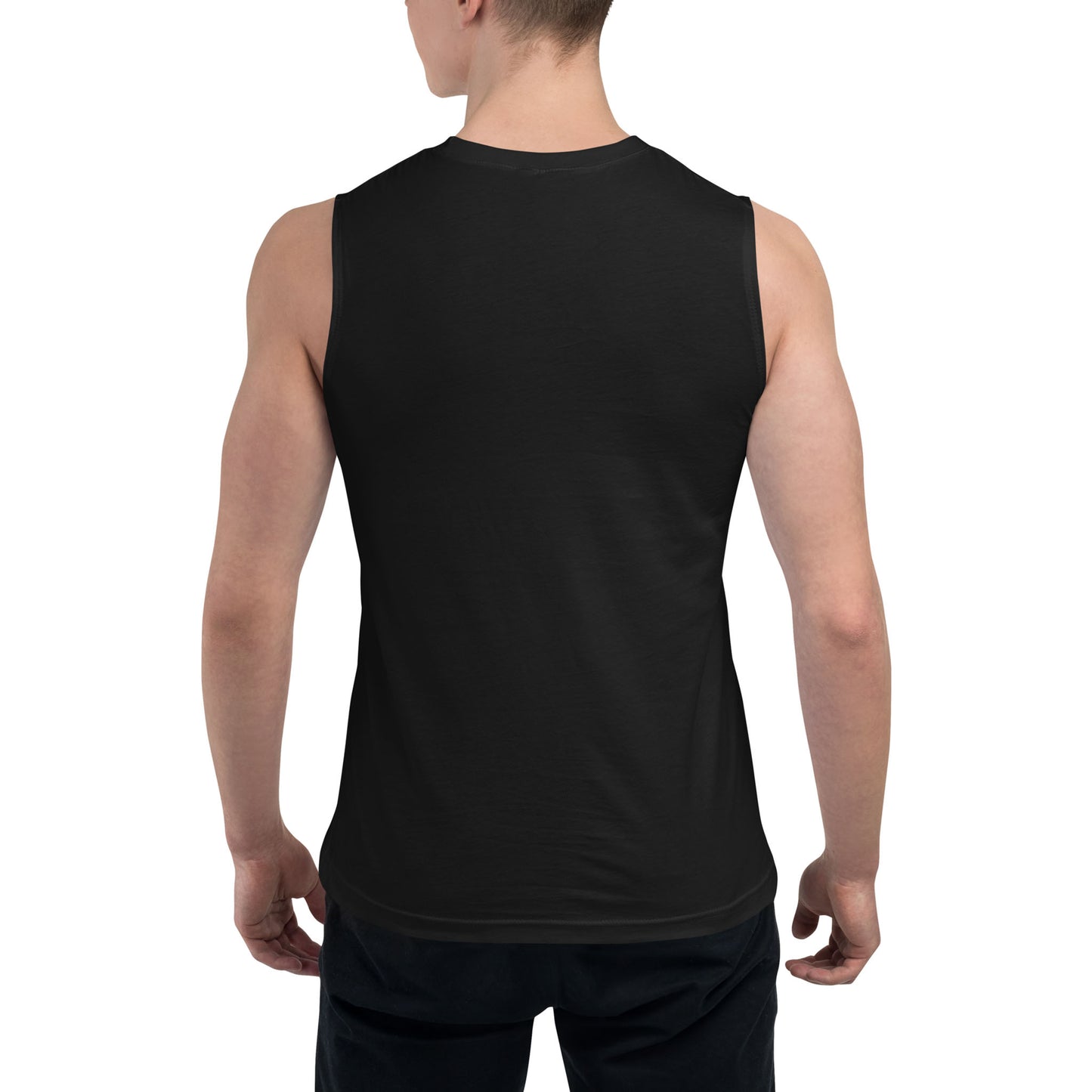A person is standing with their back to the camera, wearing a black sleeveless tank and black pants, showcasing stylish activewear against a plain white background.