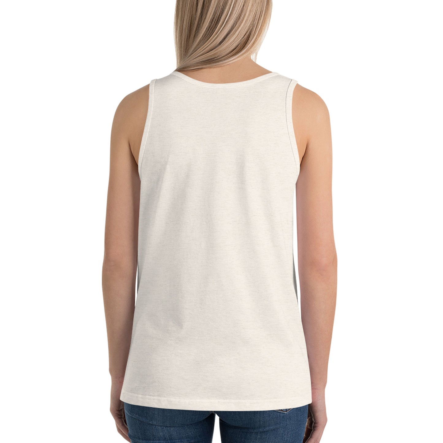 A woman with straight blonde hair is shown from the back, wearing a classic style sleeveless white tank top and blue jeans against a plain white background.