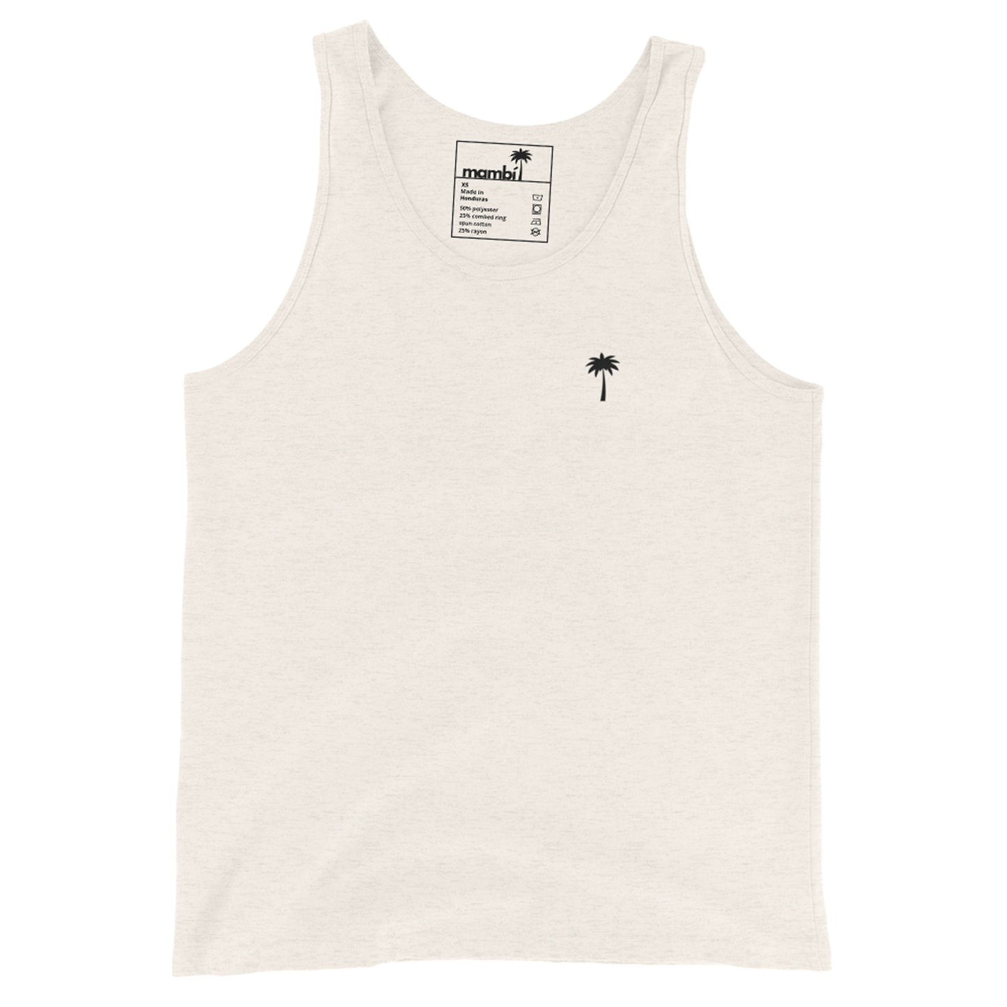 An oatmeal triblend tank top in a classic style, crafted from premium materials with a small black palm tree graphic on the left chest. The inside collar tag shows branding and care instructions.