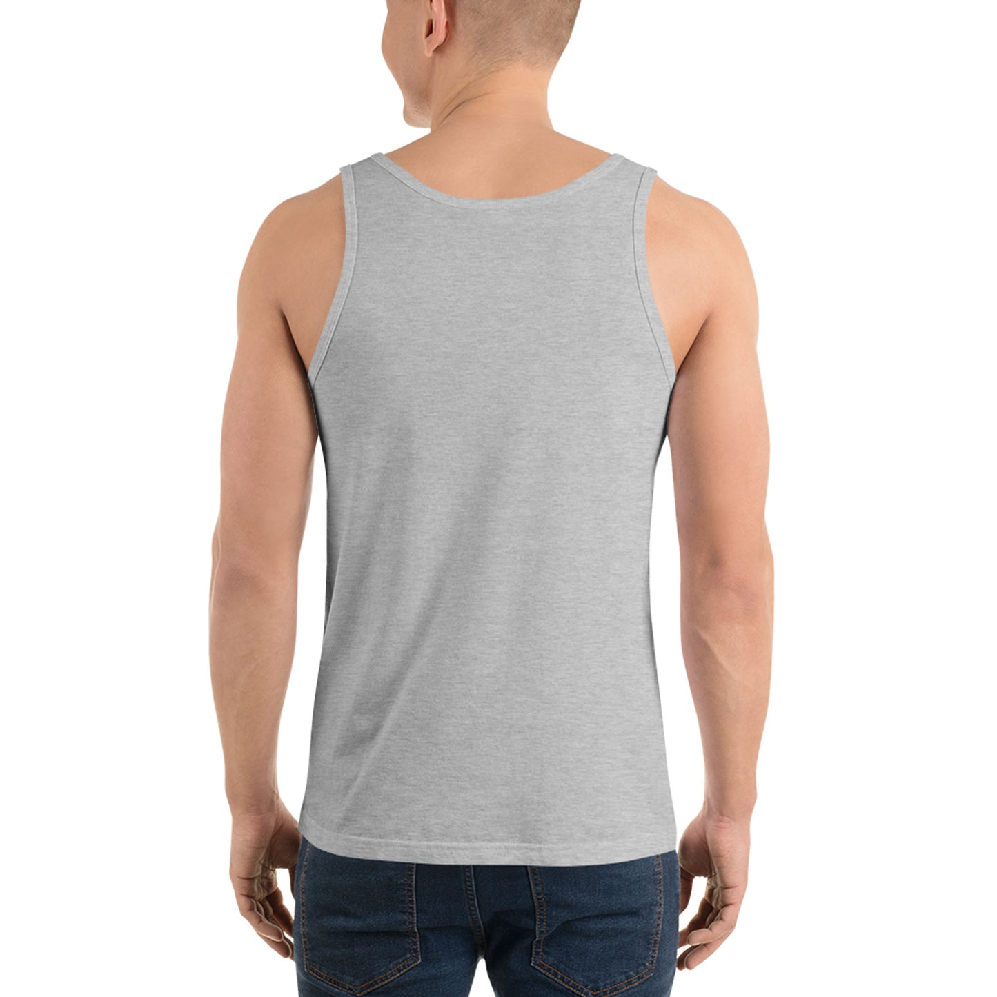A person is standing facing away from the camera, wearing a light gray sleeveless tank top crafted from premium materials and blue jeans. The background is plain white.