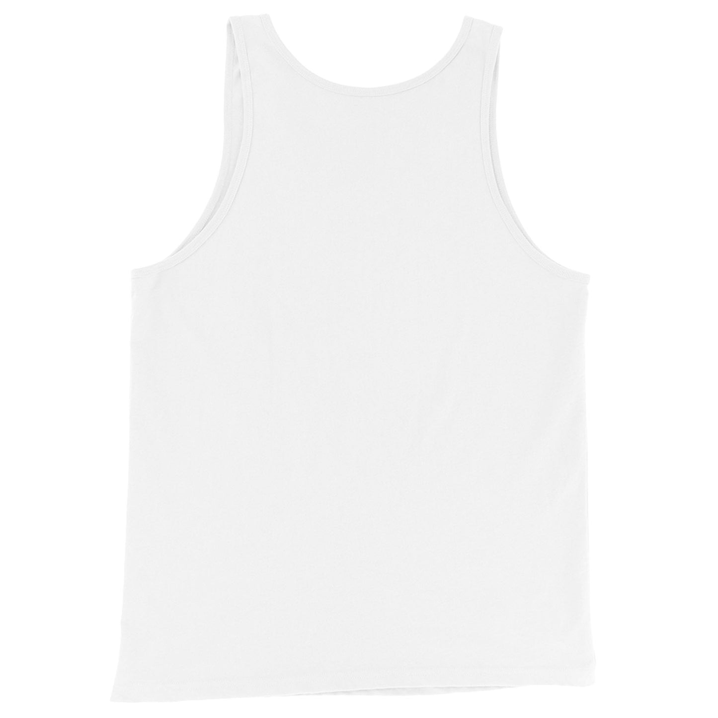 A plain white tank top in classic style, photographed from the back and laid flat against a white background.