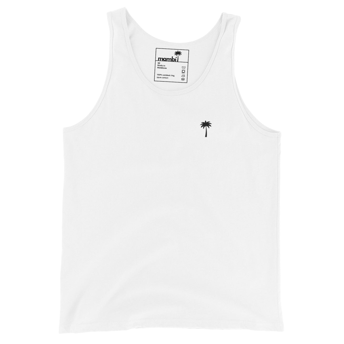 This classic white tank top features a small black palm tree graphic on the left chest. Crafted from premium materials, it is displayed laid flat on a white background with the neck label visible.