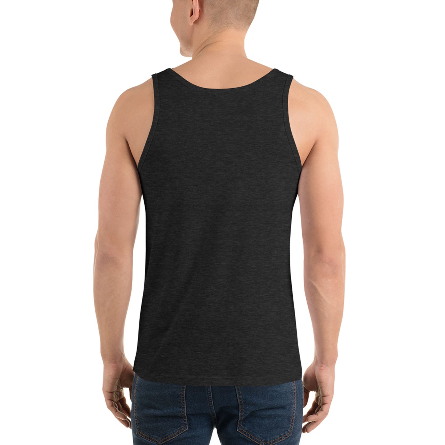 A man is standing with his back to the camera, showcasing a classic style in a sleeveless black tank top and blue jeans against a plain white background.