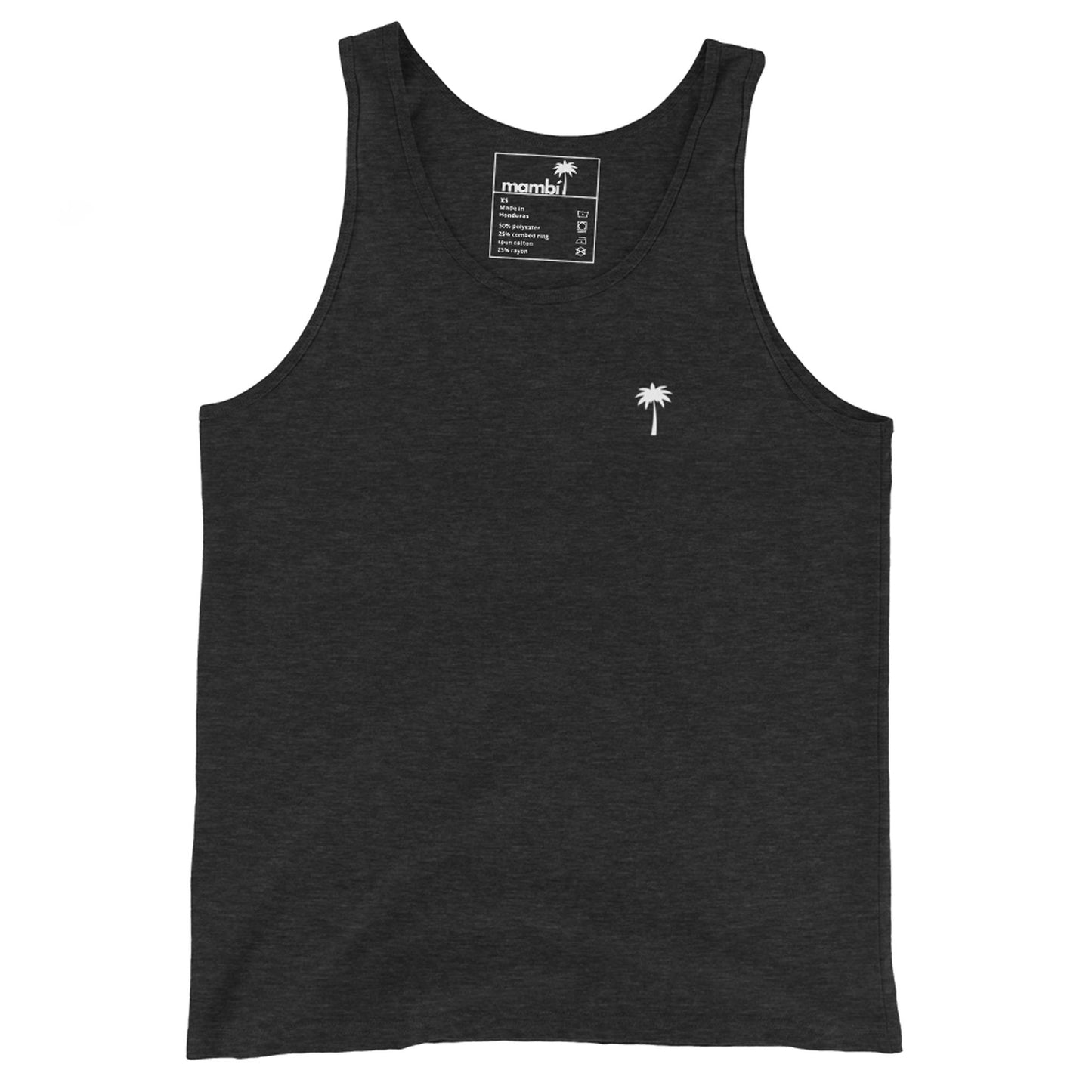 A classic tank top in Charcoal-Black Triblend, made from soft ringspun cotton and featuring a small white palm tree graphic on the left chest, displayed flat on a white background.