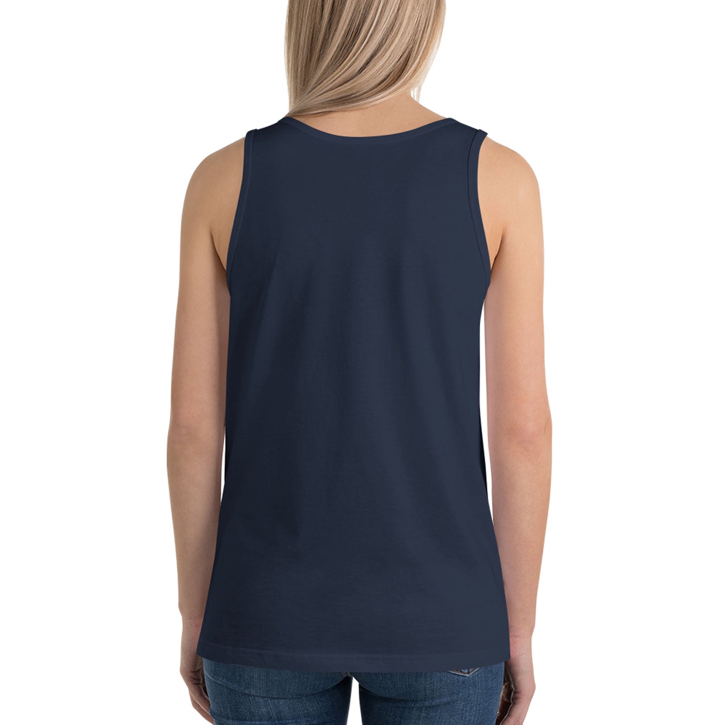 A woman with long blonde hair, seen from the back, is wearing a sleeveless classic tank top made from soft ringspun cotton and blue jeans against a plain white background.