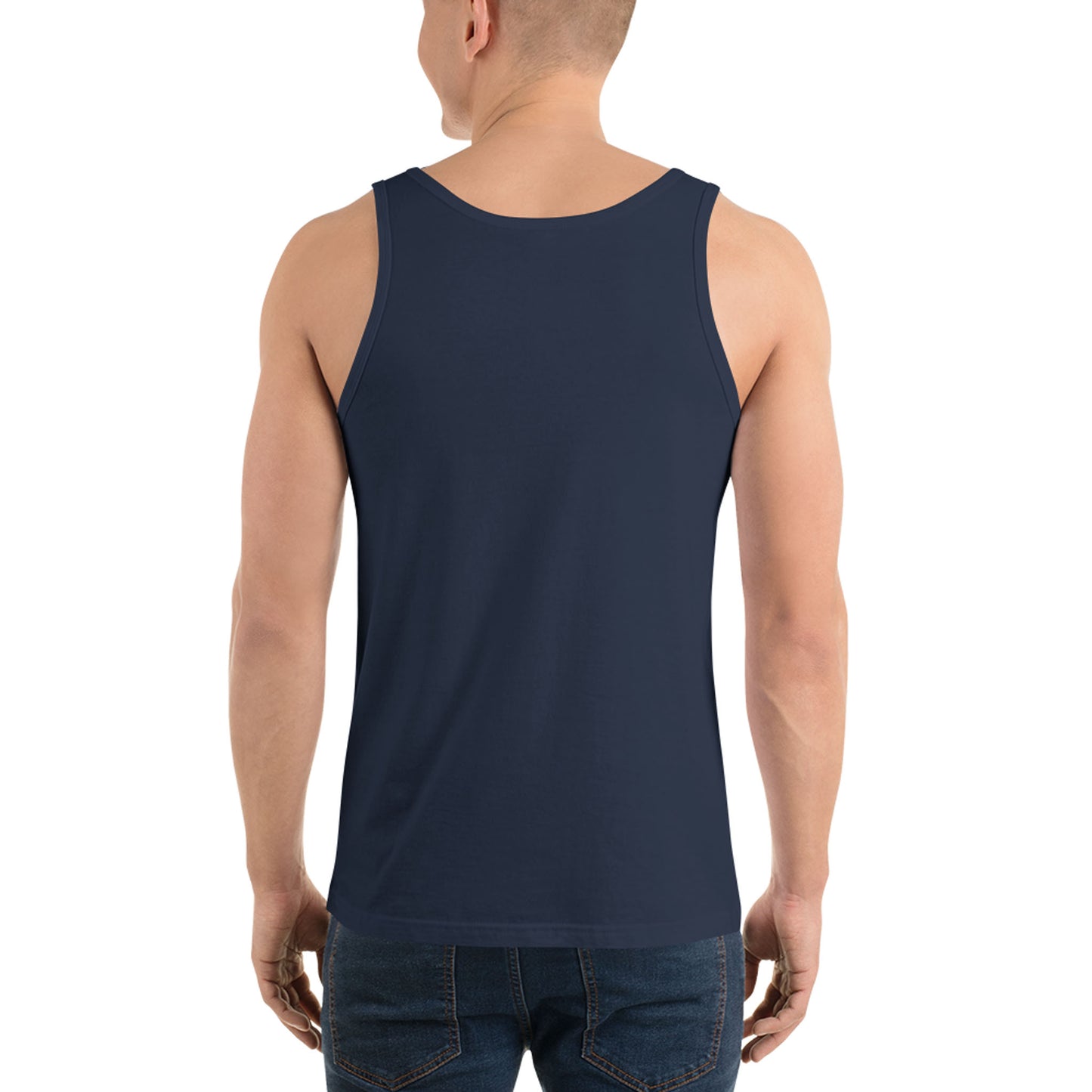A person is shown from the back wearing a navy blue classic tank top made of ringspun cotton and blue jeans, standing against a plain white background.