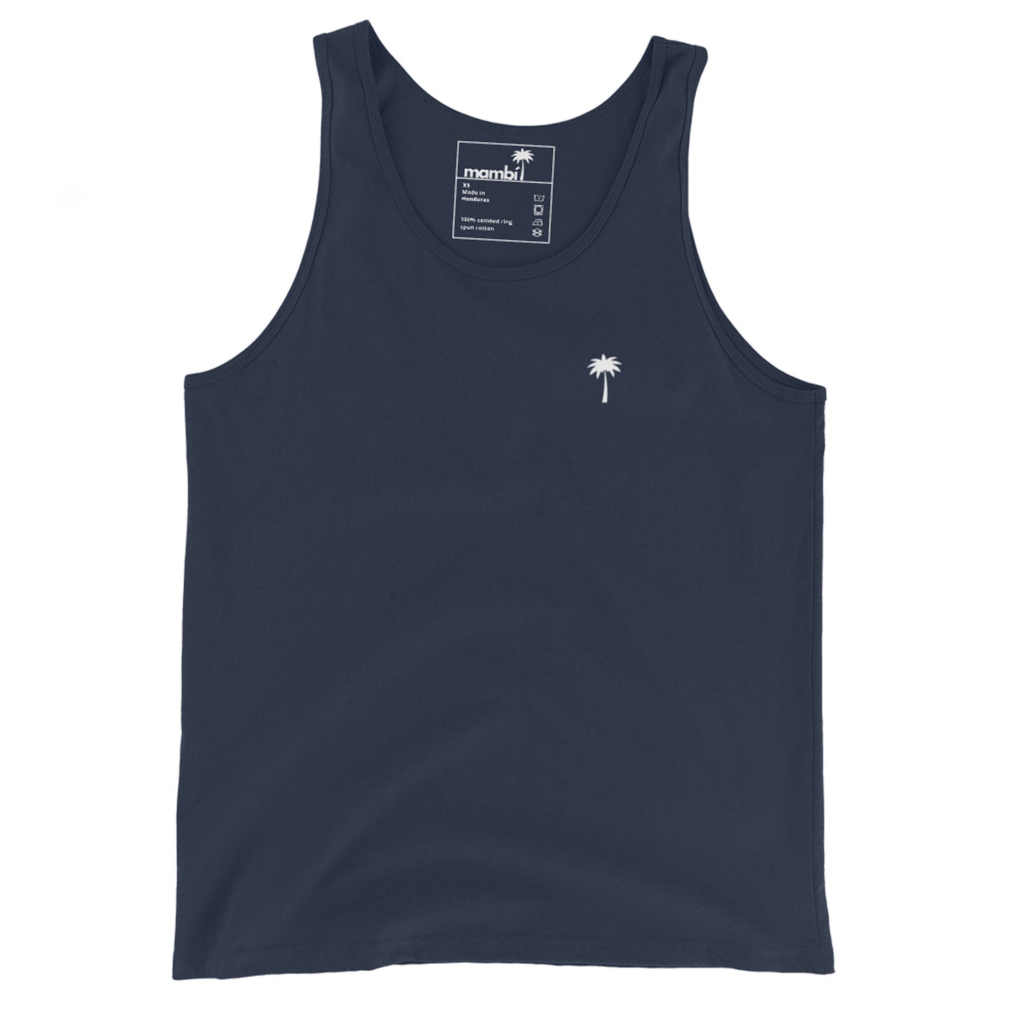 A navy tank top made from soft ringspun cotton, featuring a small white palm tree graphic on the left chest. The inner collar label shows brand and care details.