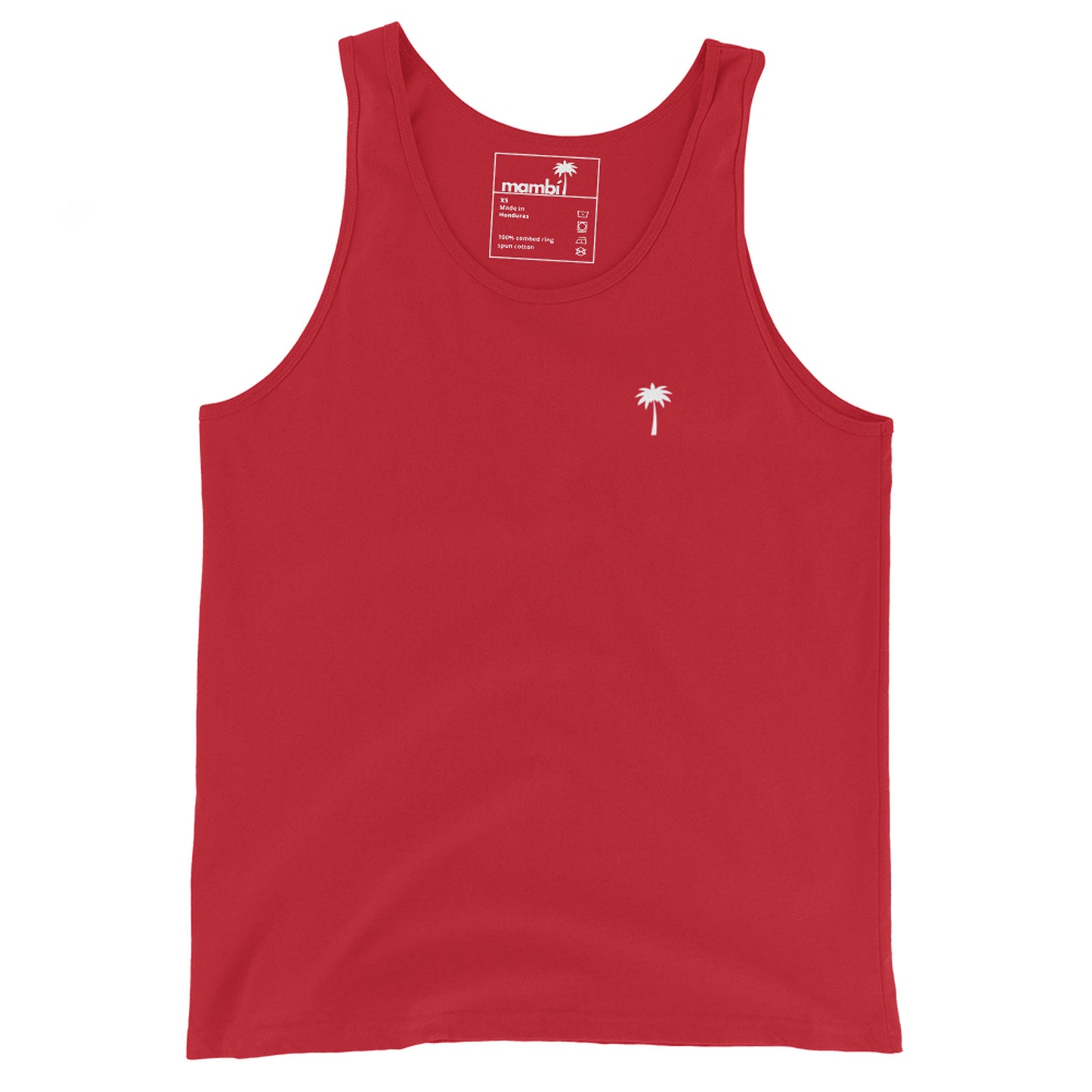 A classic red tank top made from ringspun cotton, featuring a small white palm tree graphic on the left chest and timeless sleeveless design.
