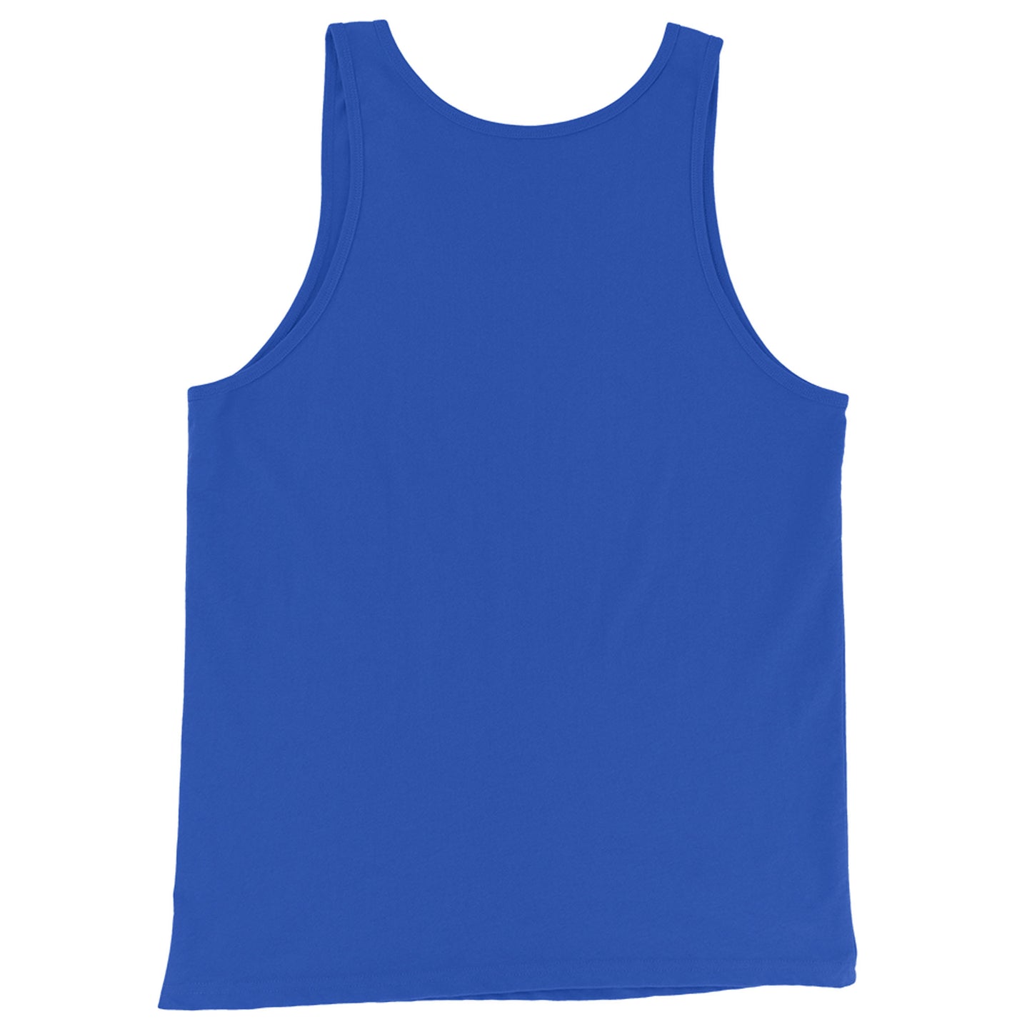 A classic style royal blue tank top is shown laid flat, with the back side facing up against a white background.