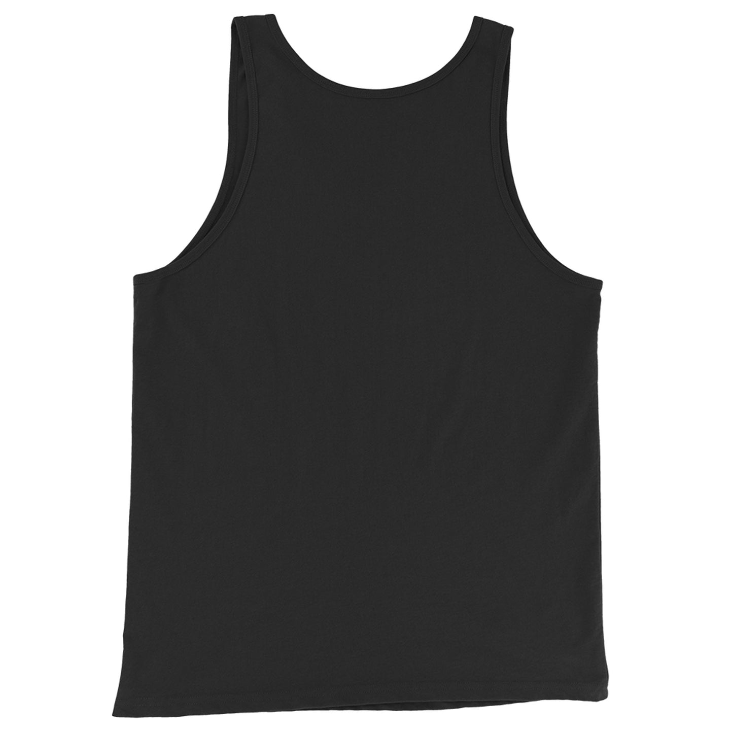 A classic tank top in plain black, crafted from soft ringspun cotton, is shown laid flat with the back side facing up against a white background.