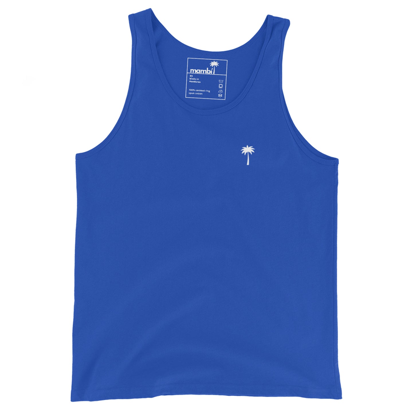 A True Royal sleeveless tank top made from premium materials, featuring a small white palm tree logo on the left chest and a visible tag inside the neckline.